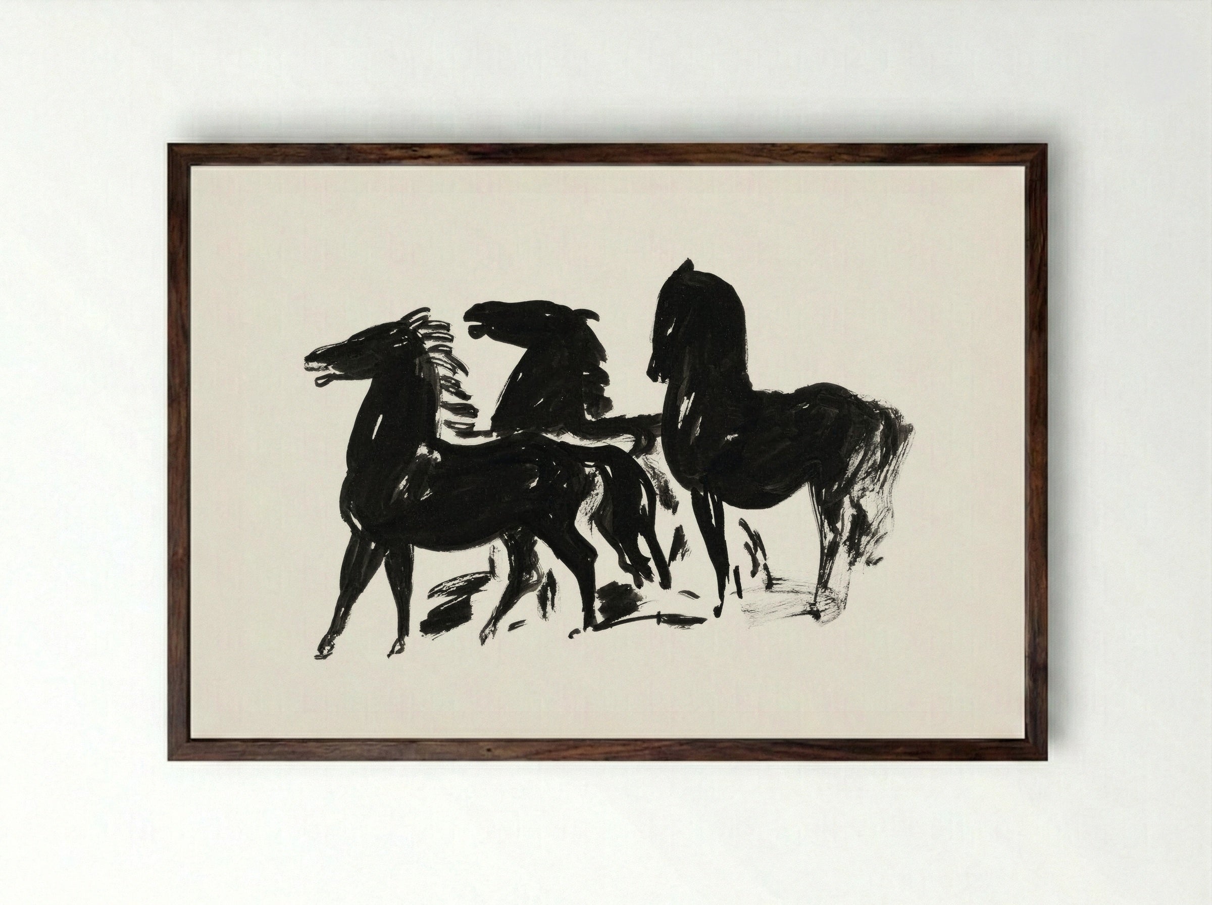 Three Black Horses Standing, Facing Left - Leo Gestel - Framed Print Dark Wood