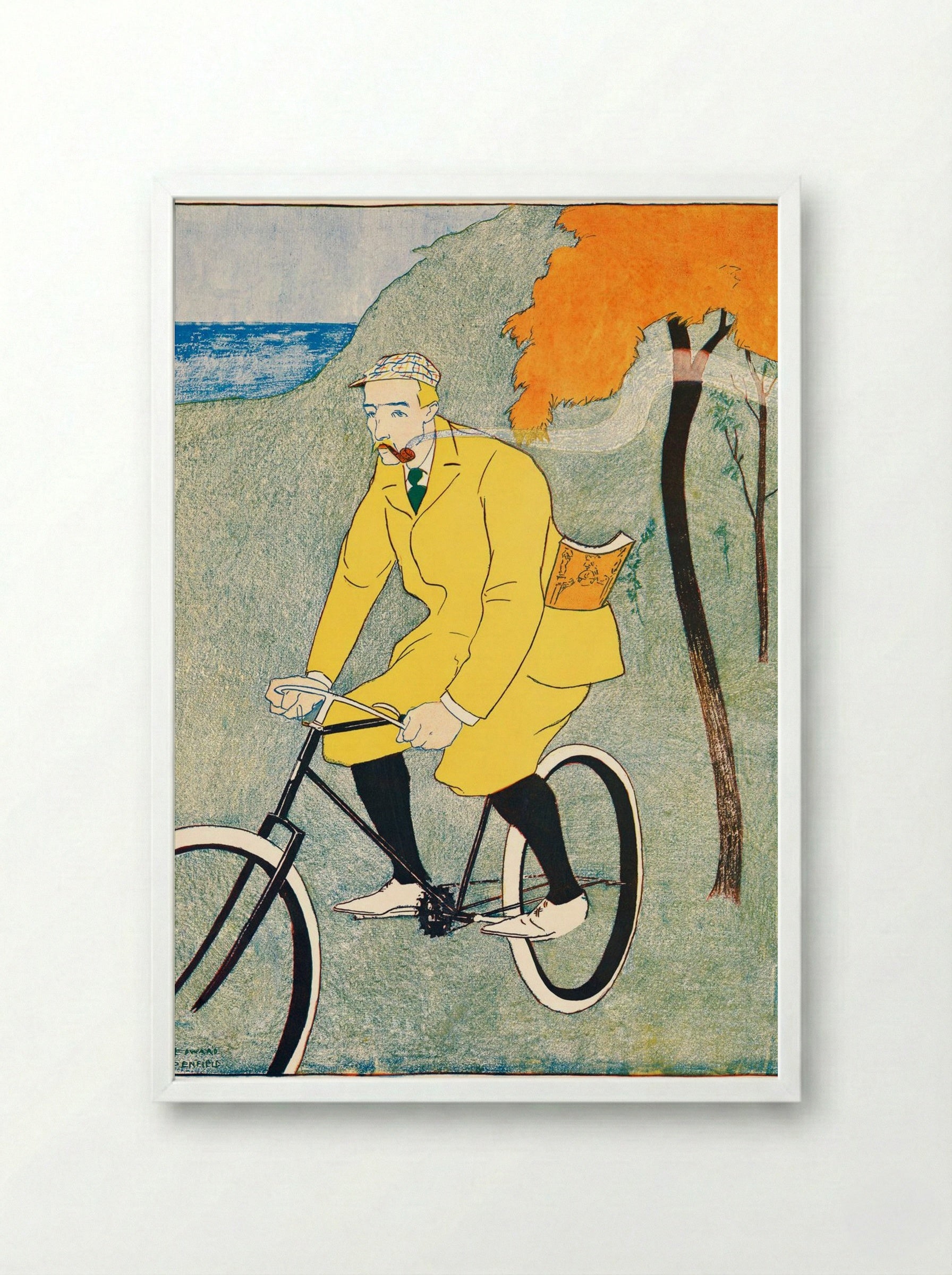 Man Riding Bicycle - Edward Penfield - Framed Print White