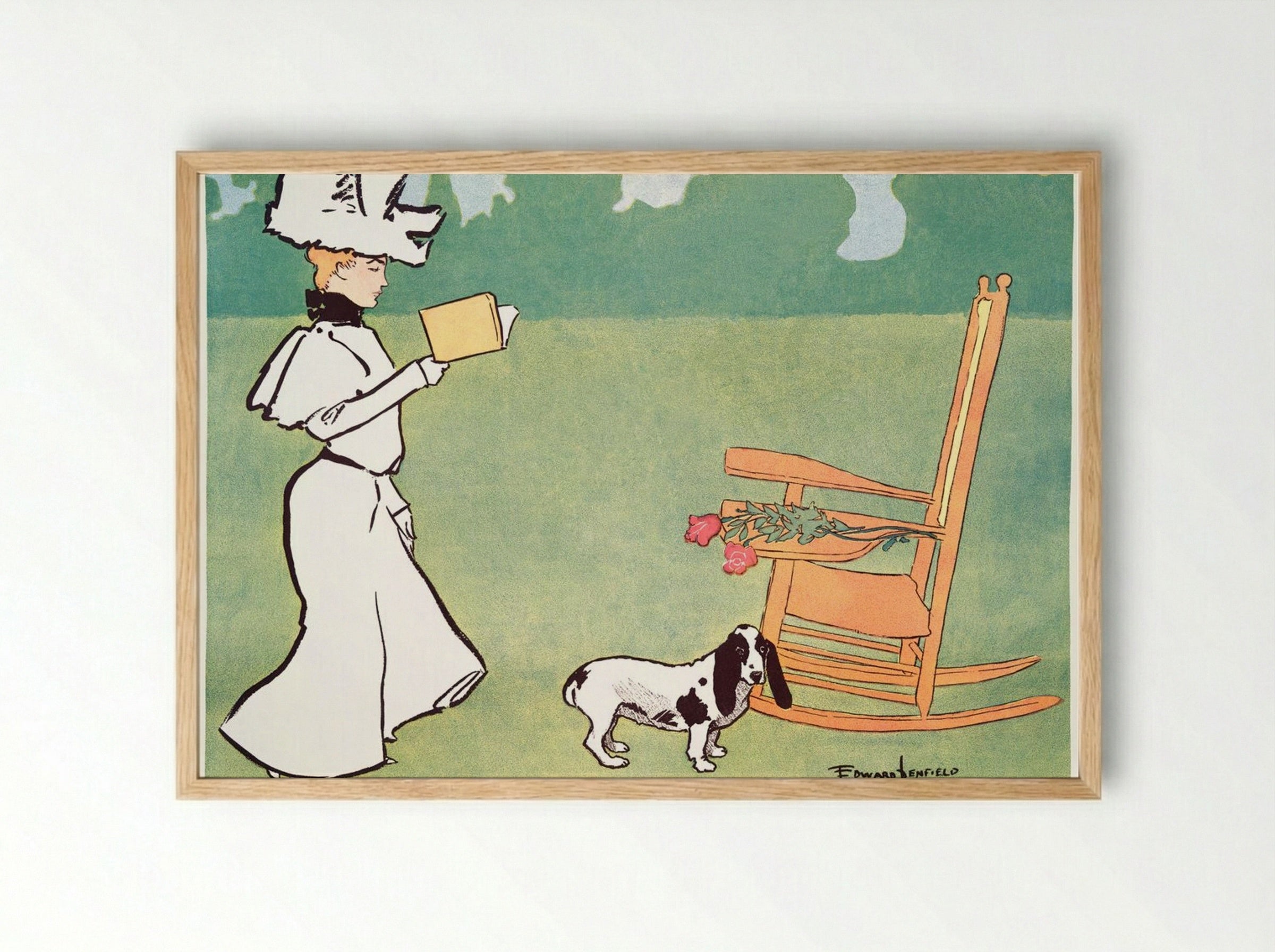 Woman Reading in the Garden - Edward Penfield - Framed Print Wood