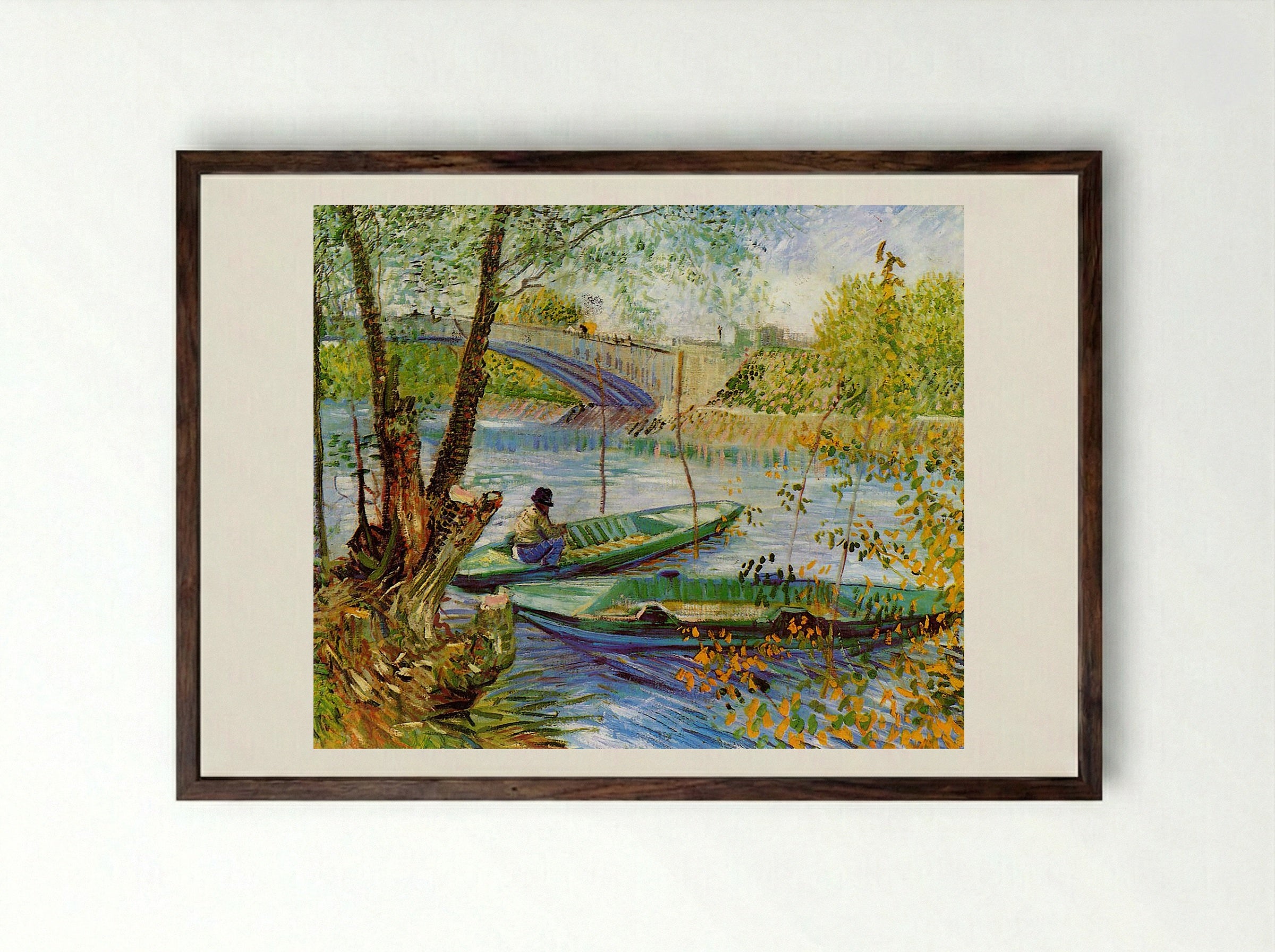 Fishing in Spring, The Bridge at Asnières - Vincent van Gogh - Framed Print Dark Wood