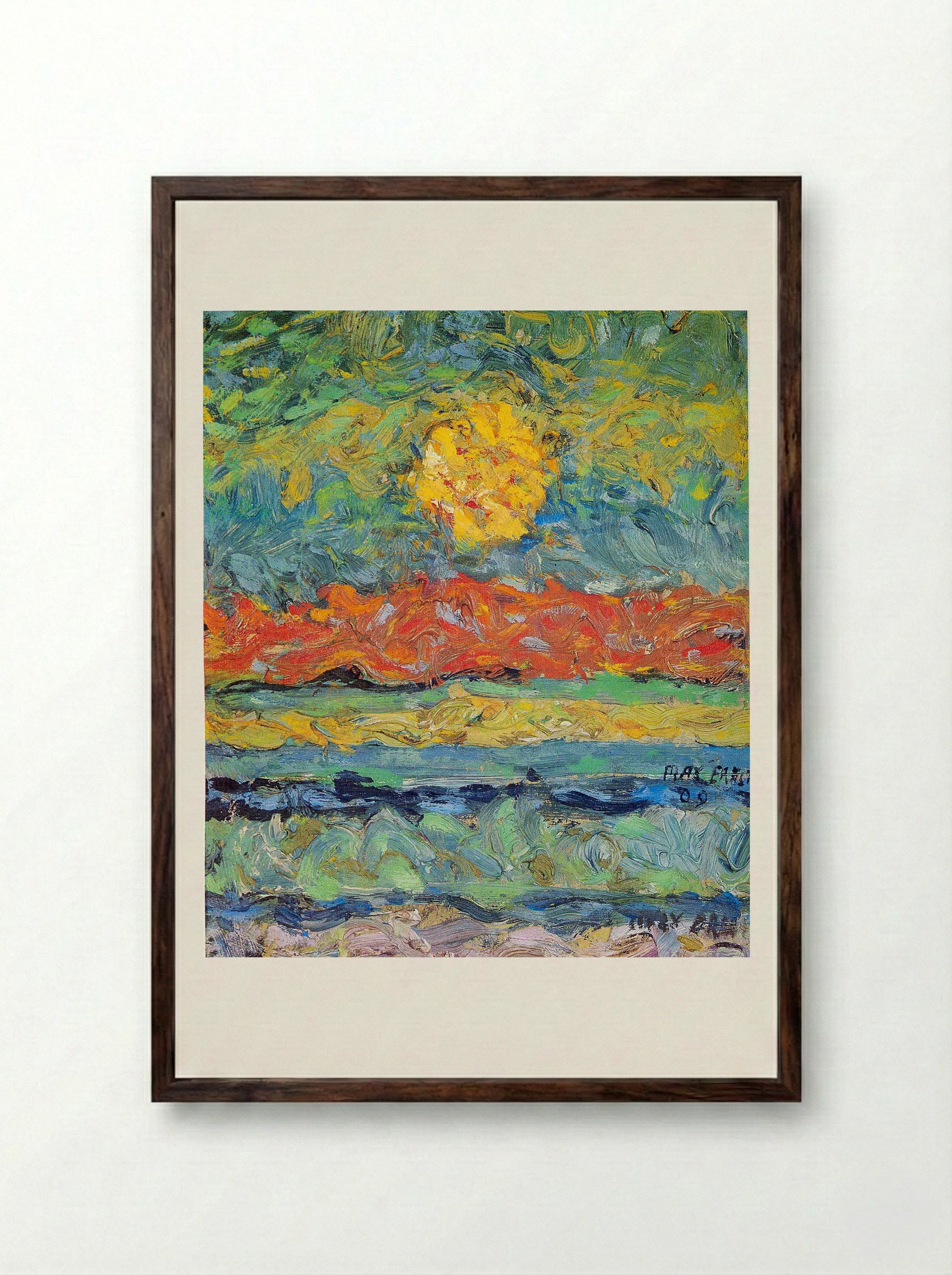 Landscape with Sun - Max Fahrenkrug - Framed Print Dark Wood