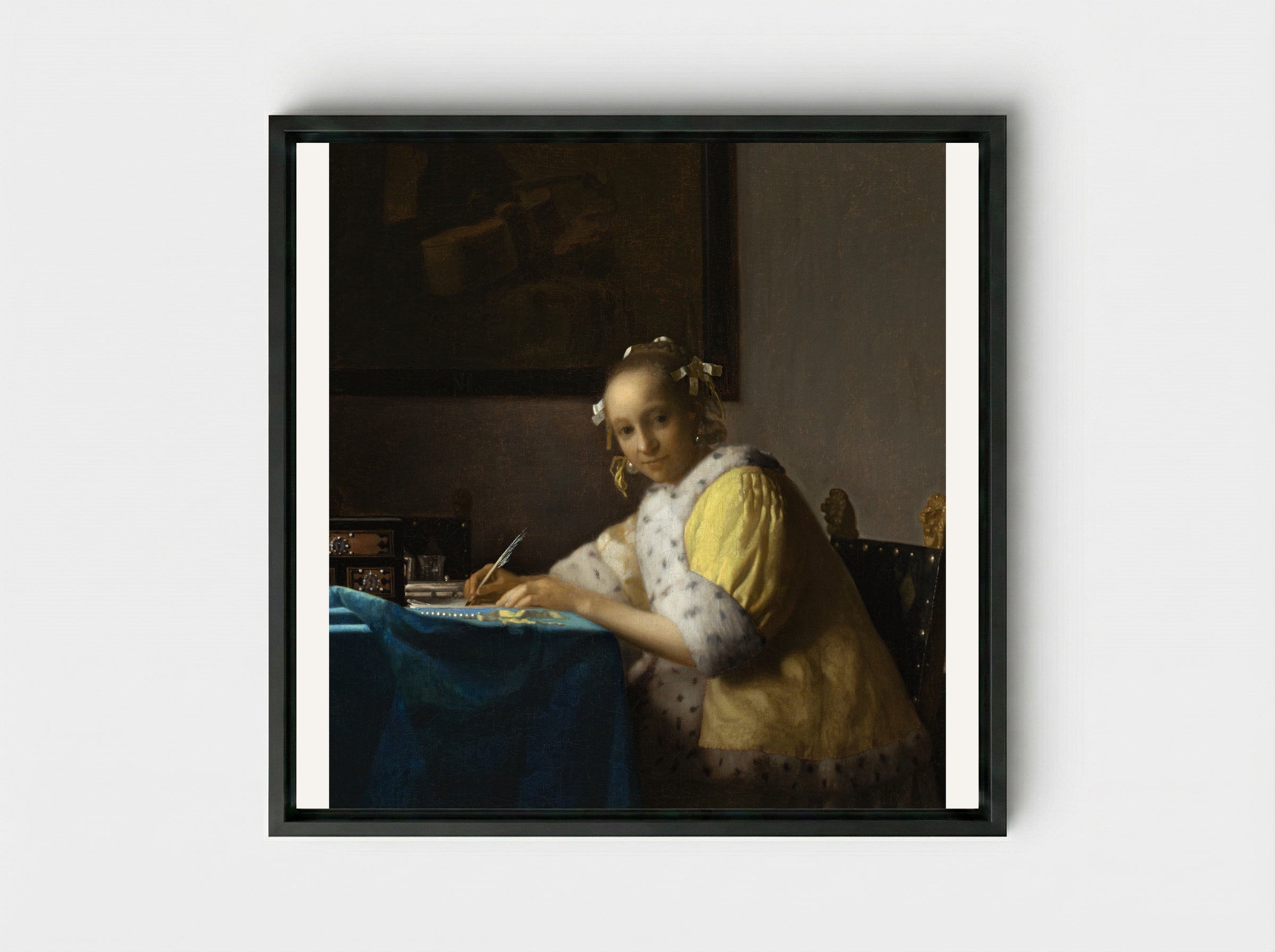 A Lady Writing a Letter - Johannes Vermeer - Framed Canvas Black