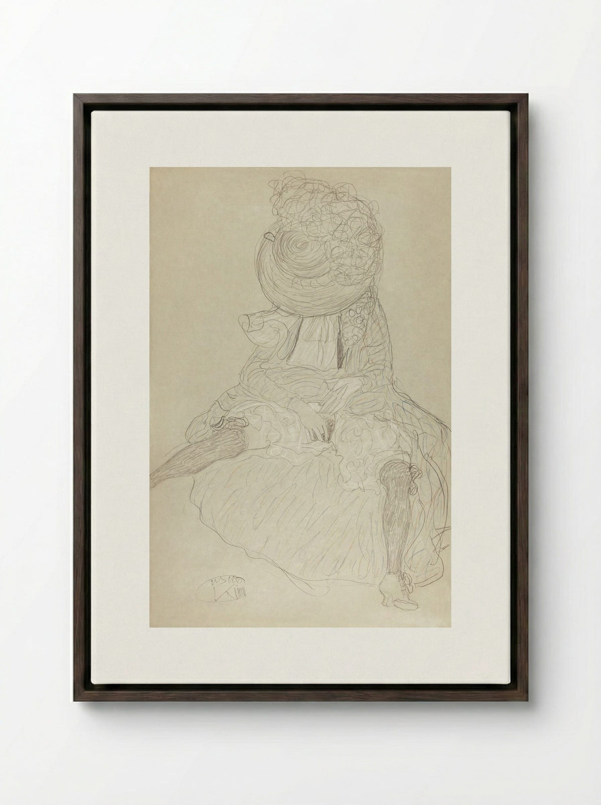 Seated Woman from the Front with Hat, Face Hooded - Gustav Klimt - Framed Canvas Dark Wood
