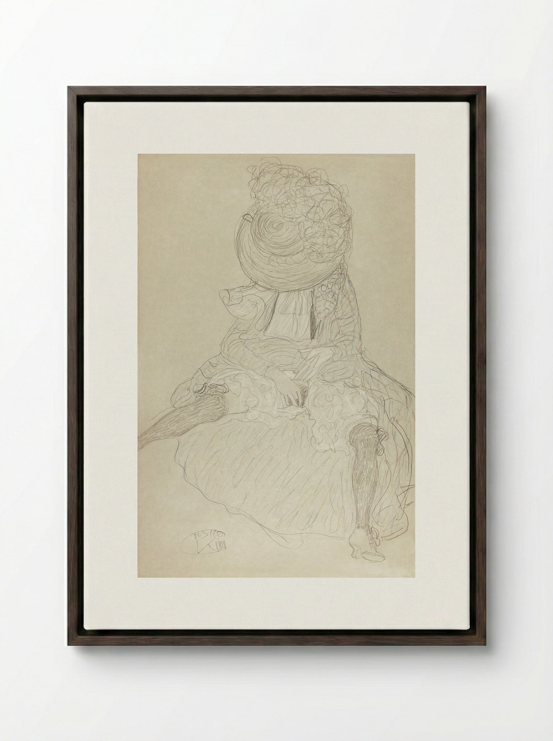 Seated Woman from the Front with Hat, Face Hooded - Gustav Klimt - Framed Canvas Dark Wood