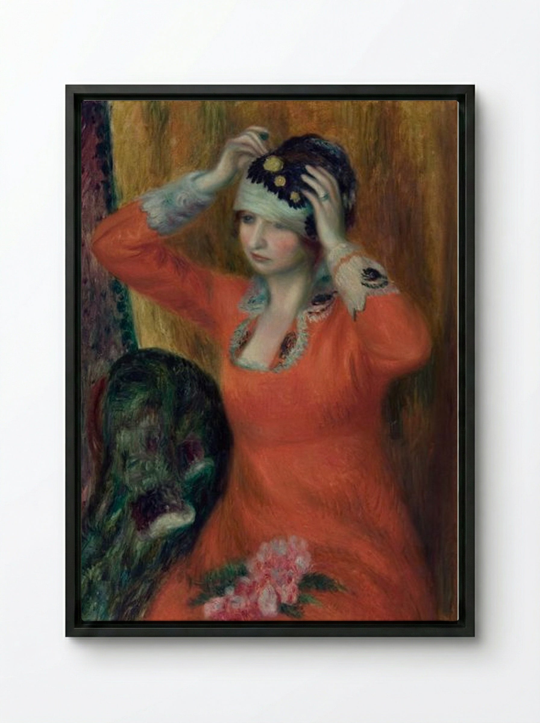 Girl in Red Dress Pinning on Hat - William James Glackens - Framed Canvas Black
