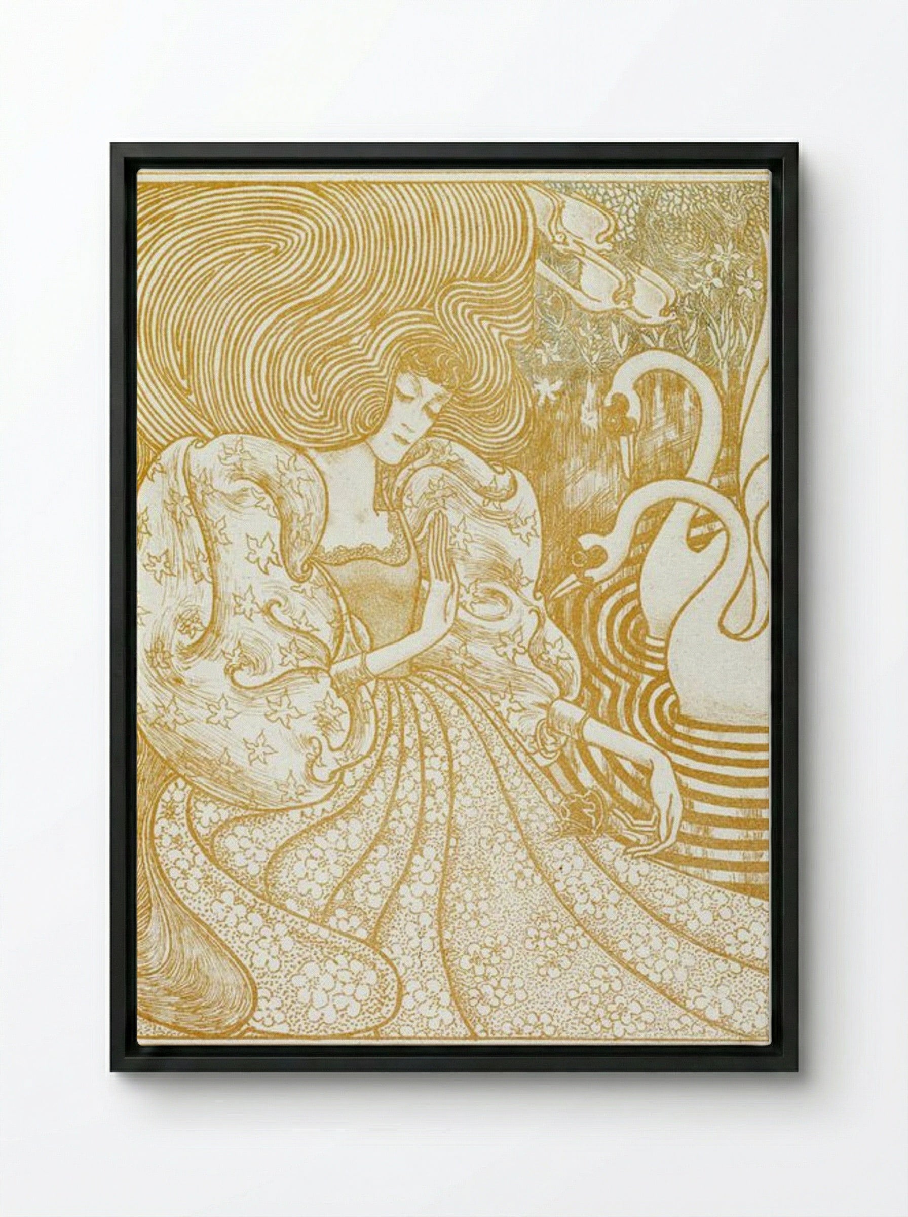 Woman with a Butterfly at a Pond with Two Swans - Jan Toorop - Framed Canvas Black