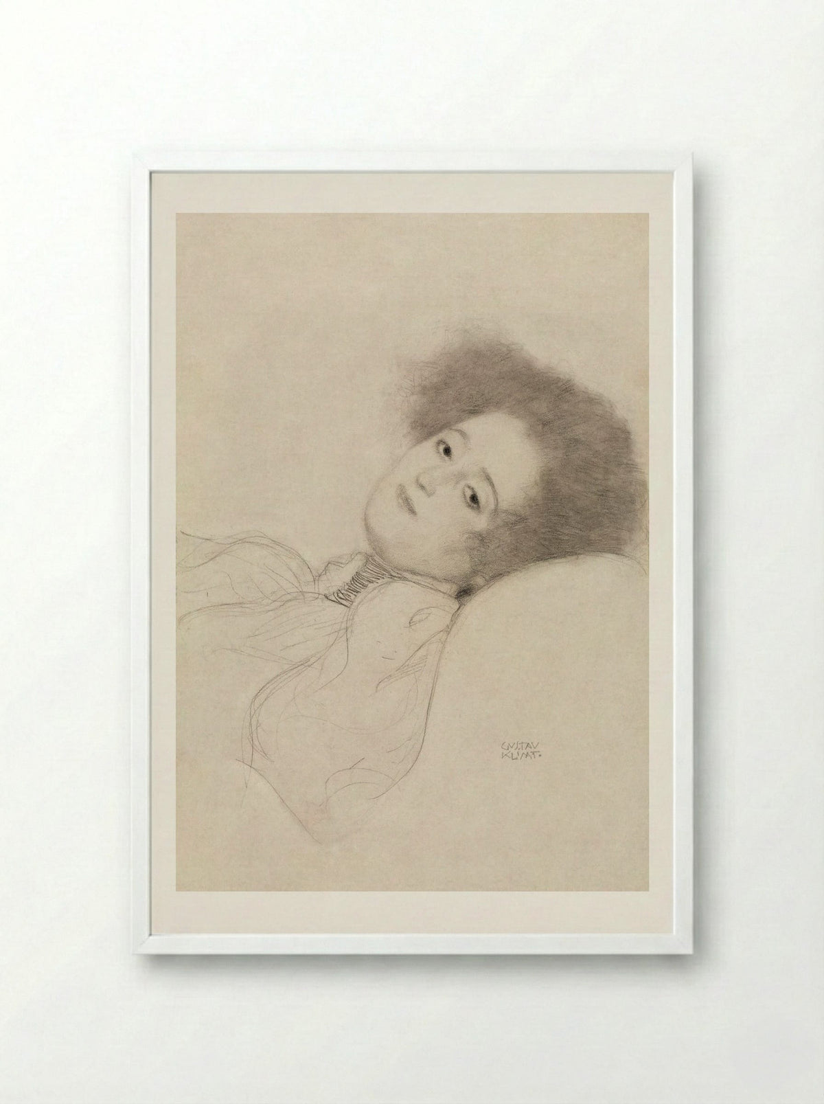Portrait of a Young Woman Reclining - Gustav Klimt - Framed Print White