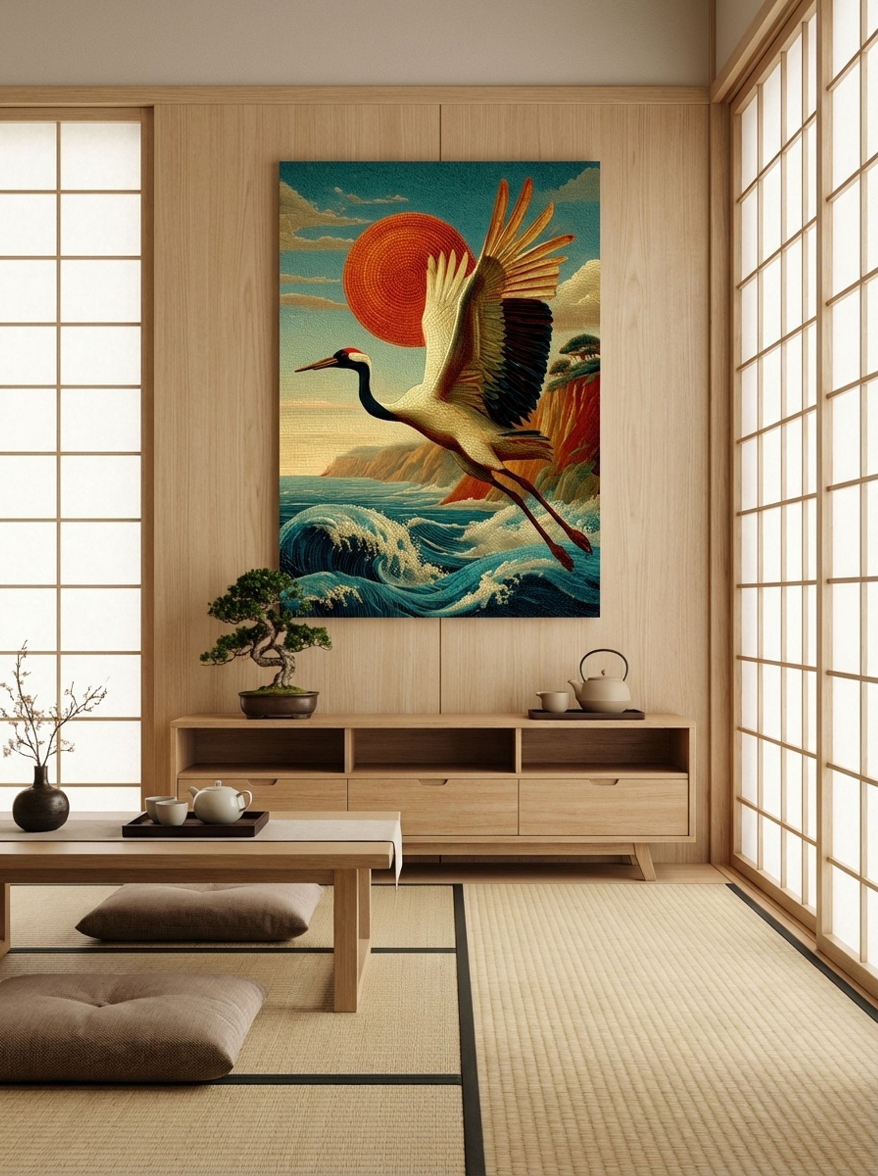 Crane Over Crimson Sun – Japanese Mosaic Print - Lifestyle