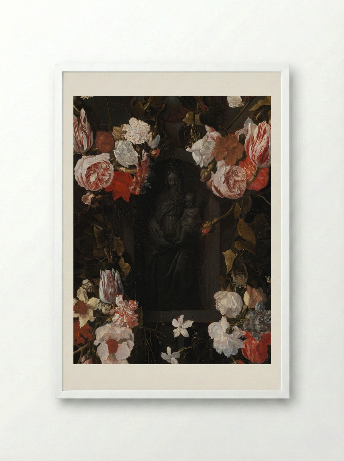 A Flower-Wreathed Niche with a Stone Figure of the Madonna - Fine Art Print - Framed Print White