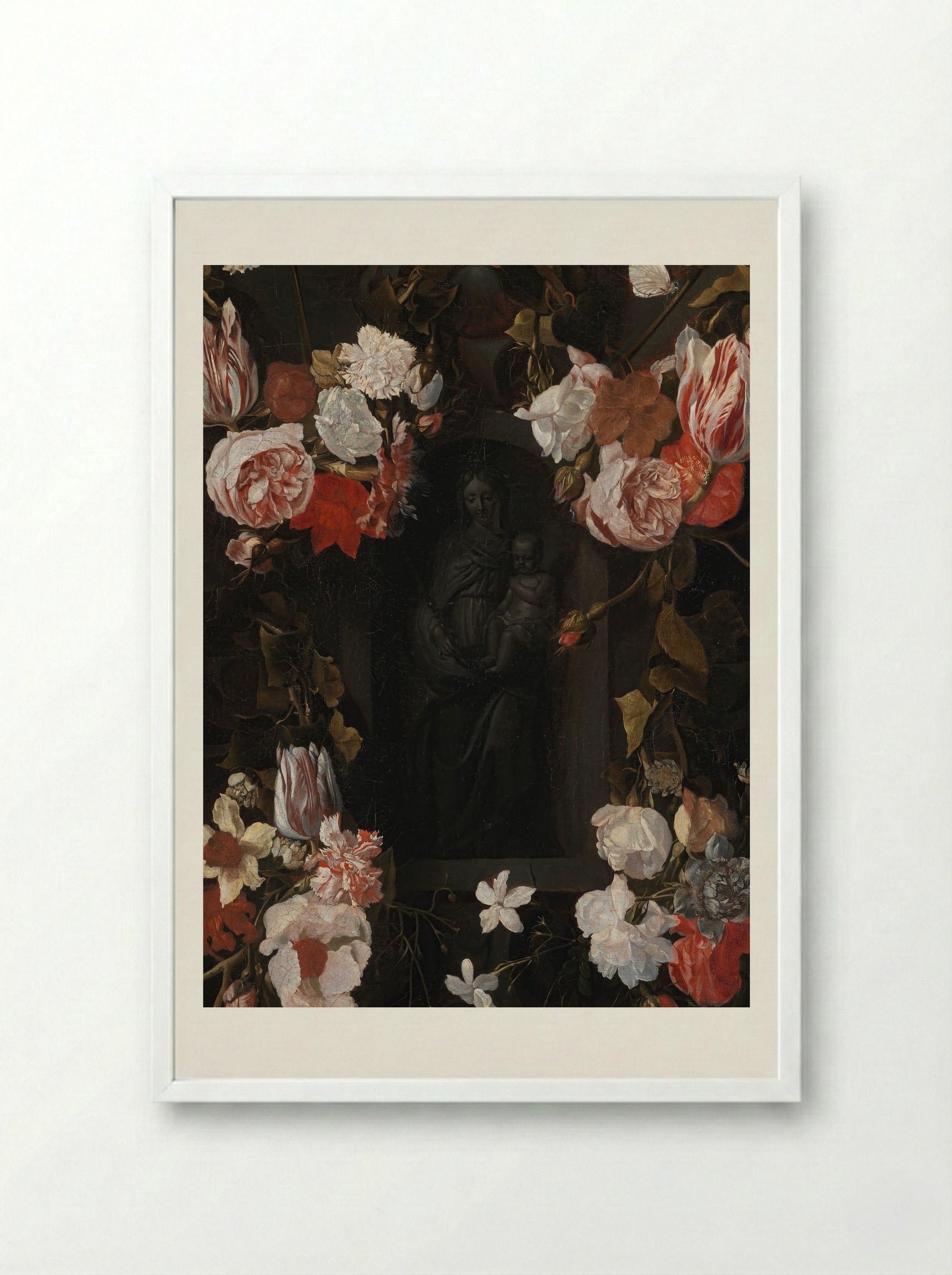 A Flower-Wreathed Niche with a Stone Figure of the Madonna - Fine Art Print - Framed Print White
