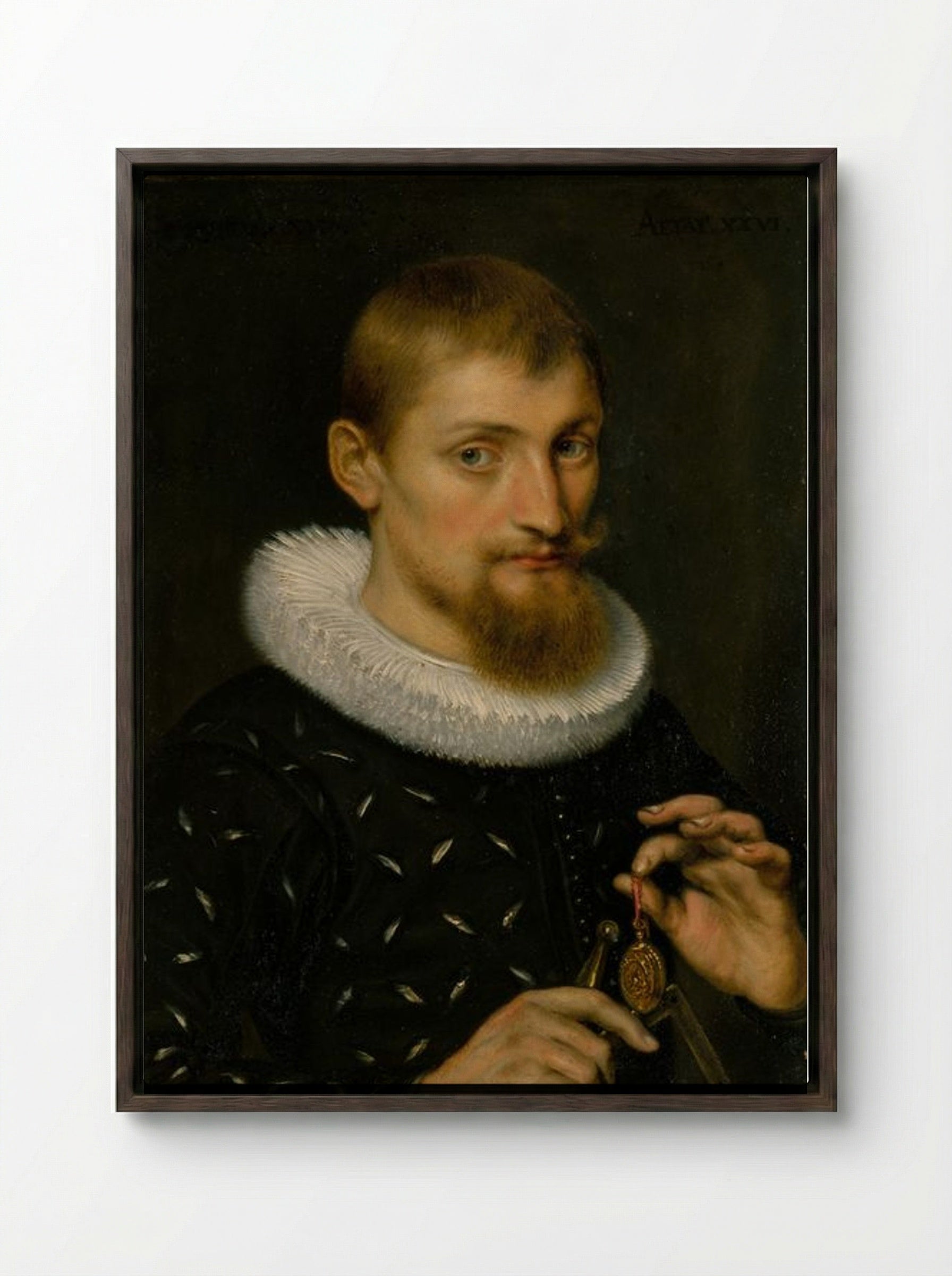 Portrait of a Man, Possibly an Architect or Geographer - Peter Paul Rubens - Framed Canvas Dark Wood