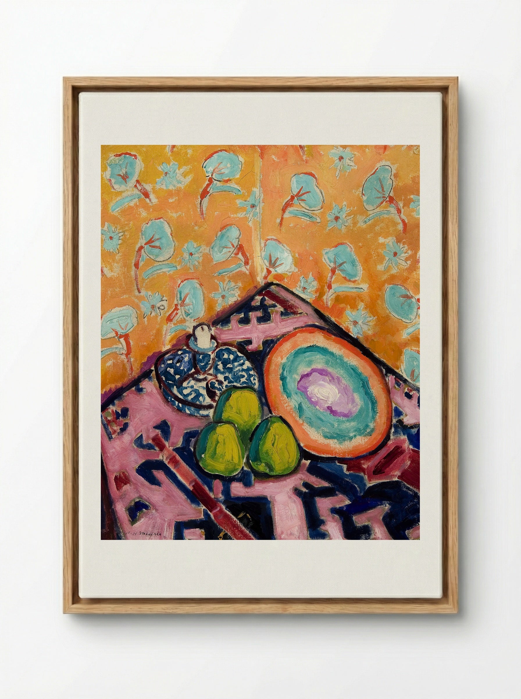 Still Life with Fruit and Patterned Background - Alfred Henry Maurer - Framed Canvas Wood