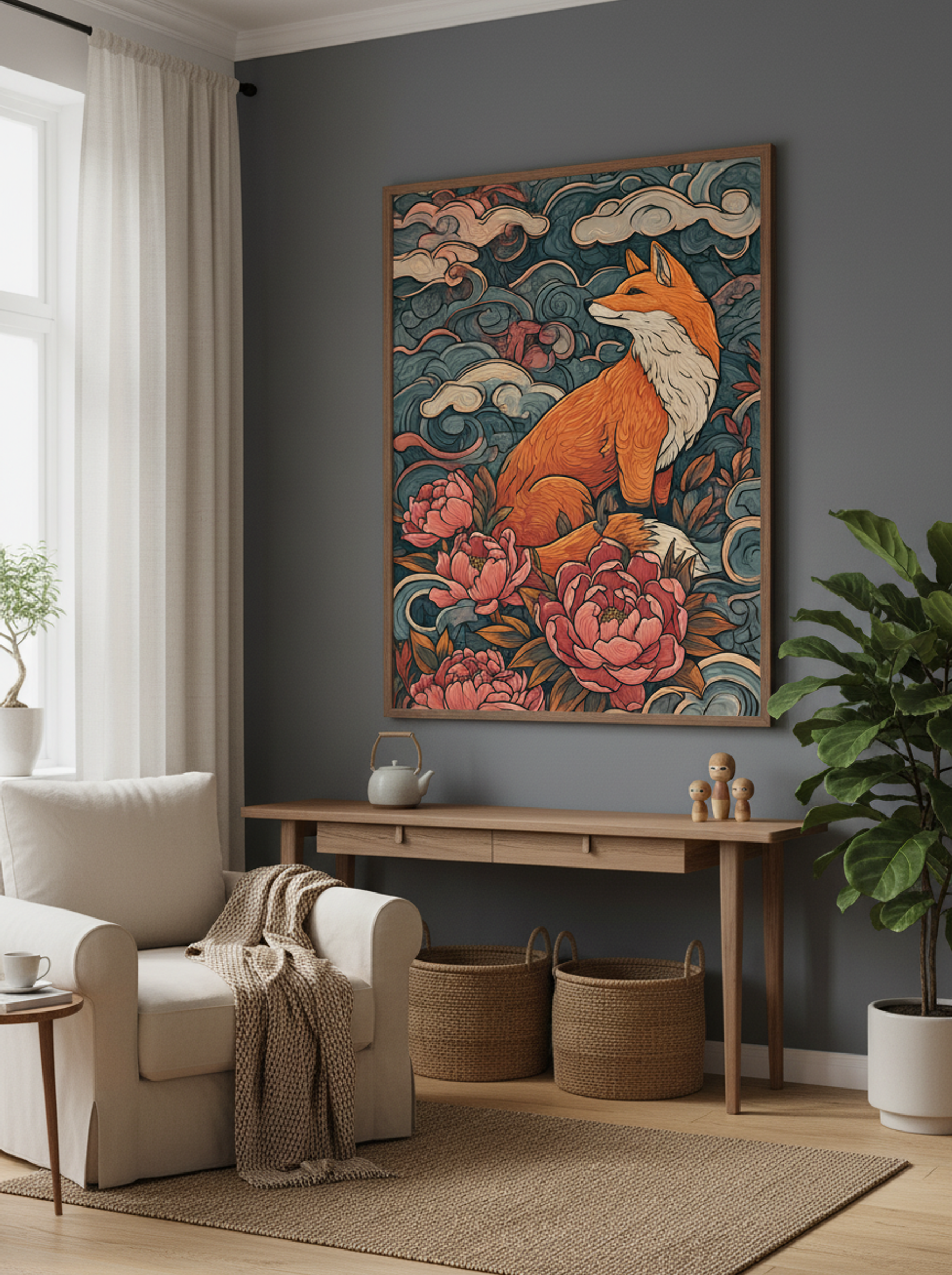 Fox Among Peonies - Japanese Inspired Art Print - Lifestyle