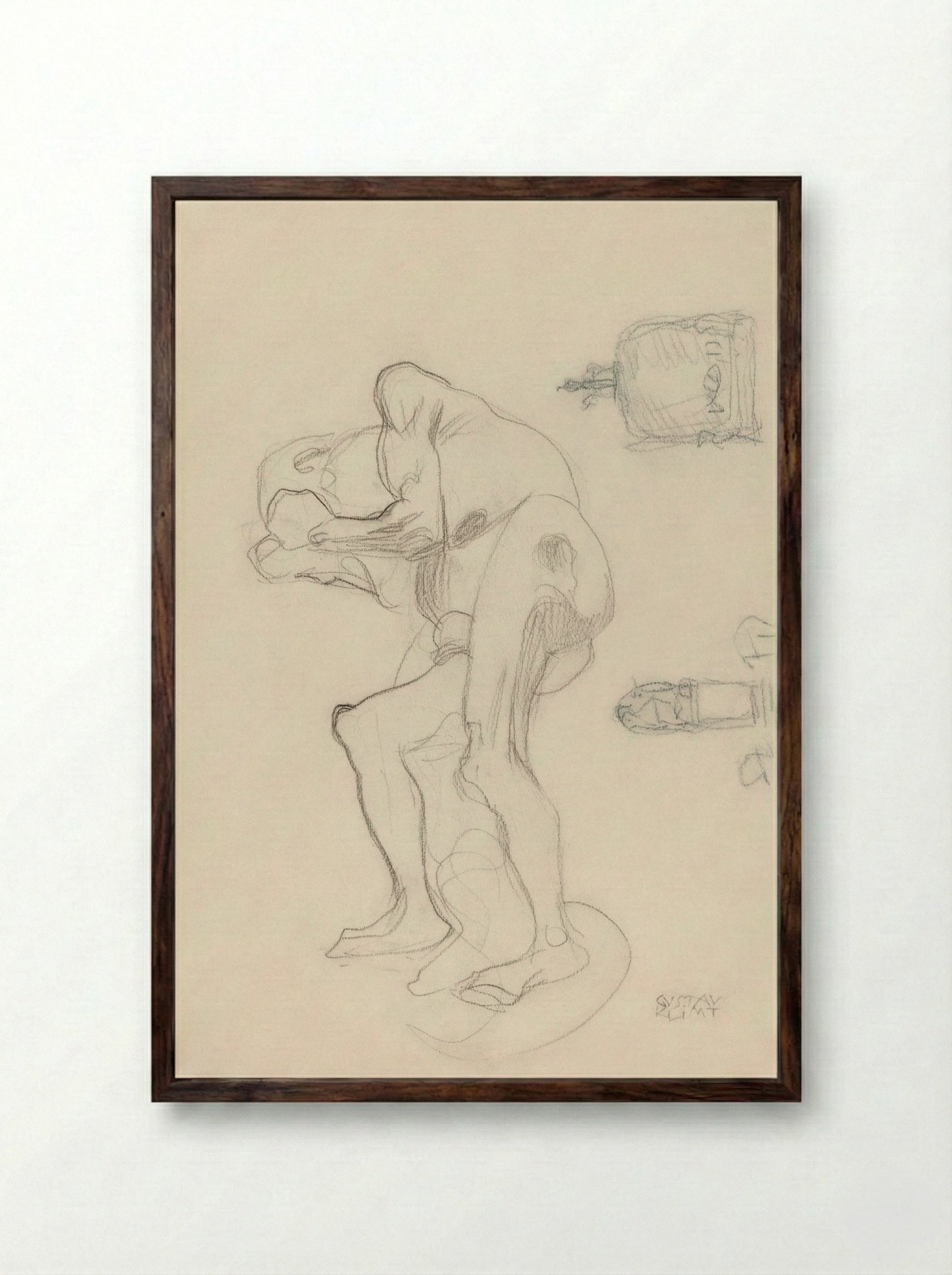Study of a Nude Old Woman Clenching Her Fists and Two Decorative Objects - Gustav Klimt - Framed Print Dark Wood