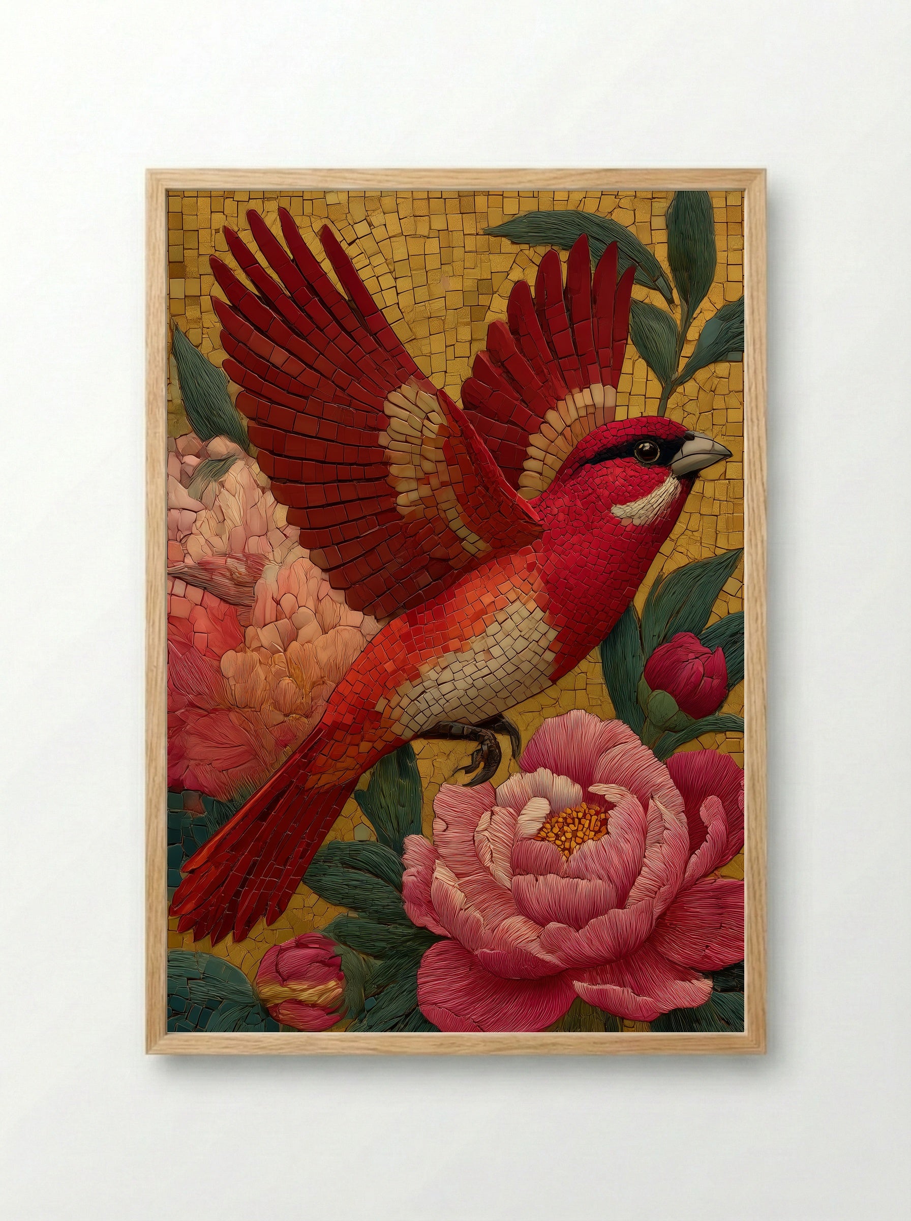 Phoenix Among Peonies in Golden Sky - Japanese Mosaic Print - Framed Print Wood
