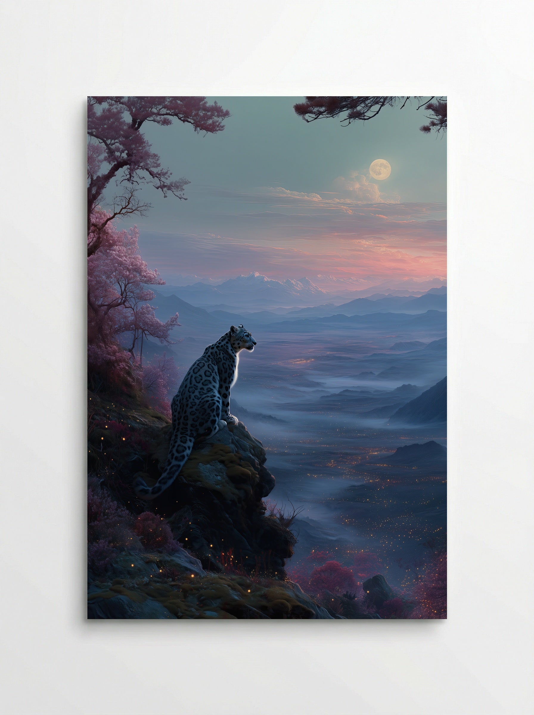 Moonlit Watch – Snow Leopard Print Over Twilight Mountain Valley - Poster