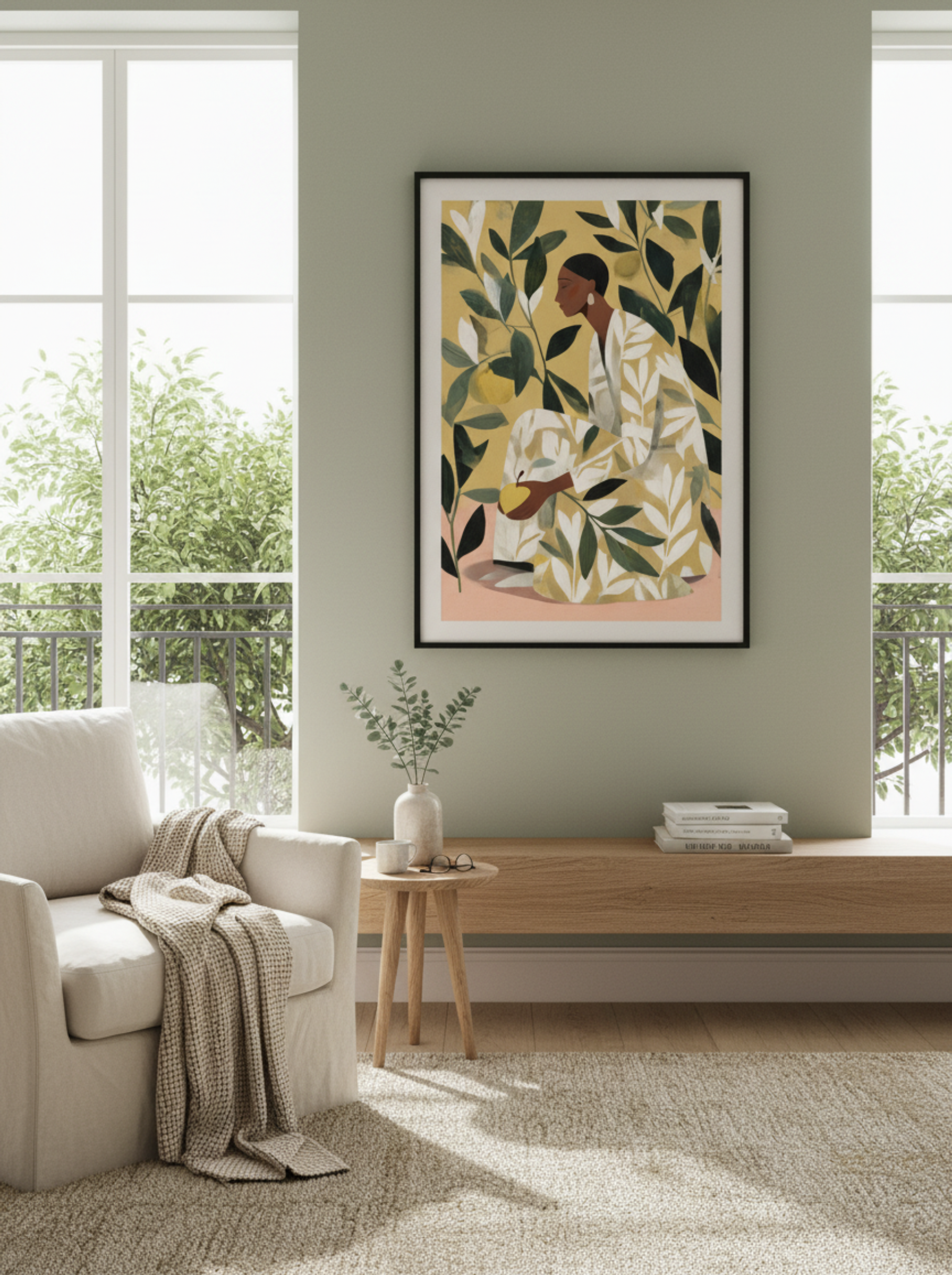Striped Elegance Sitting Woman Abstract Print - Lifestyle