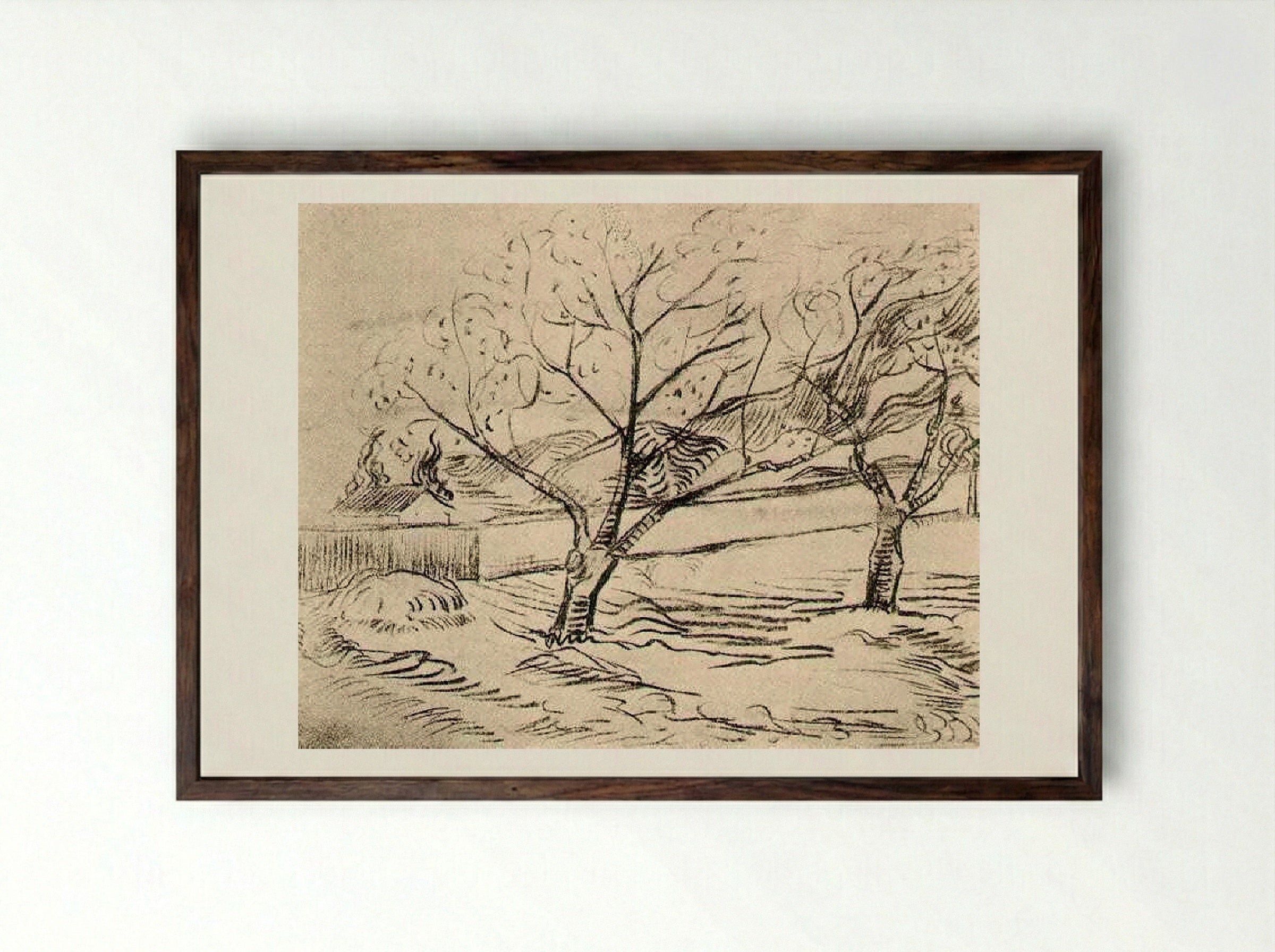 Two Trees in the Meadow - Vincent van Gogh - Framed Print Dark Wood