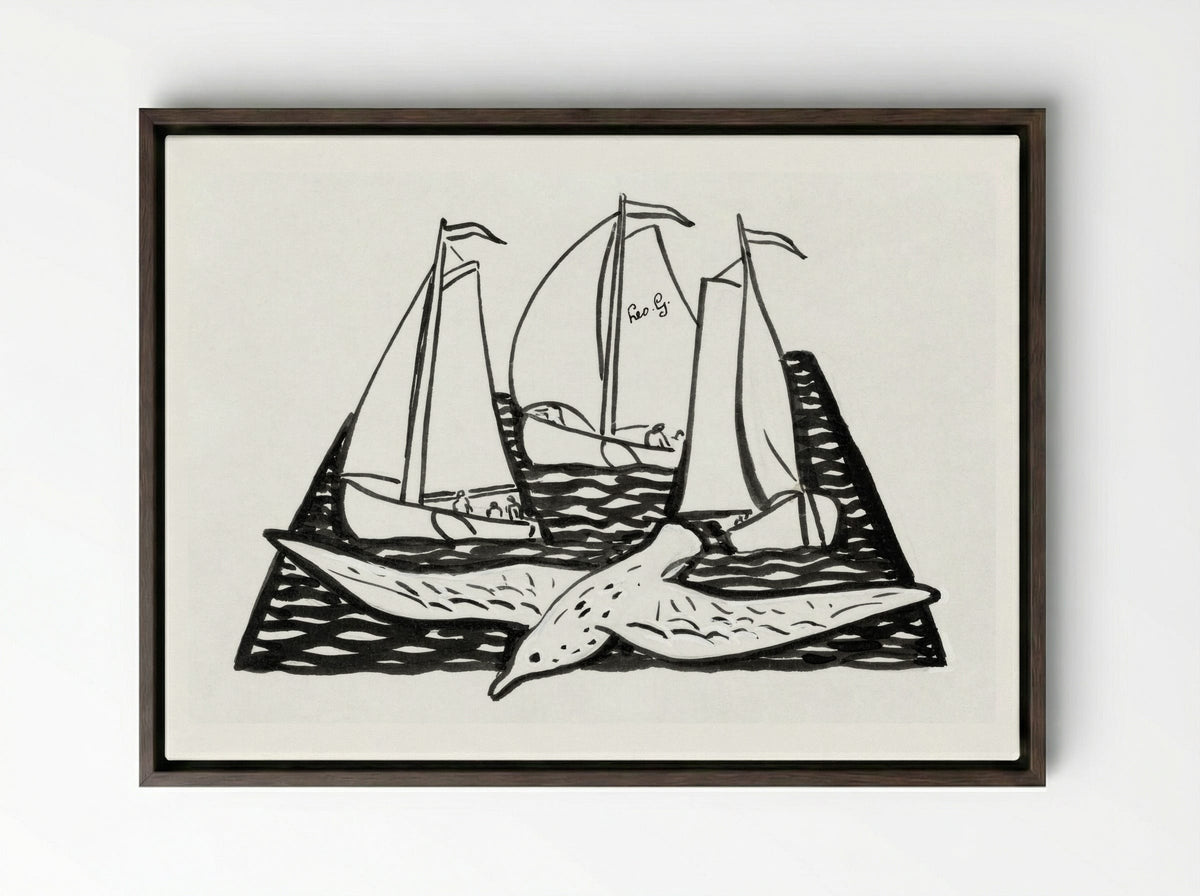 Three Sailing Ships and a Seagull - Leo Gestel - Framed Canvas Dark Wood