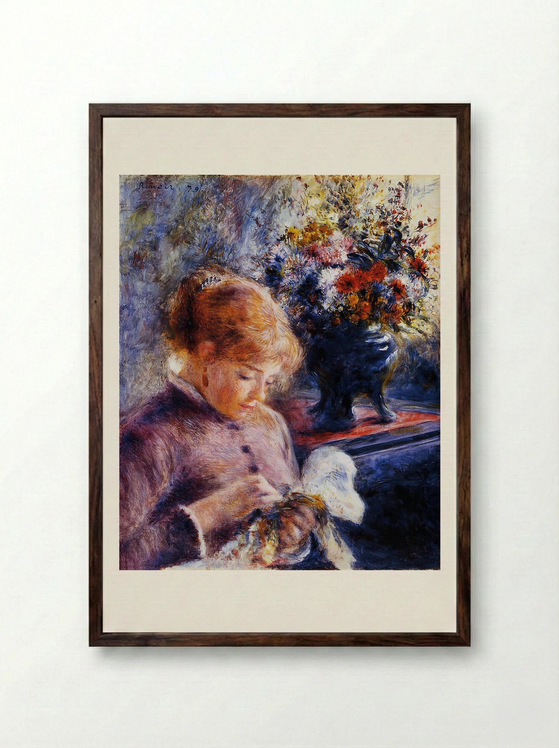Young Woman Sewing - Pierre-Auguste Renoir - Framed Print Dark Wood