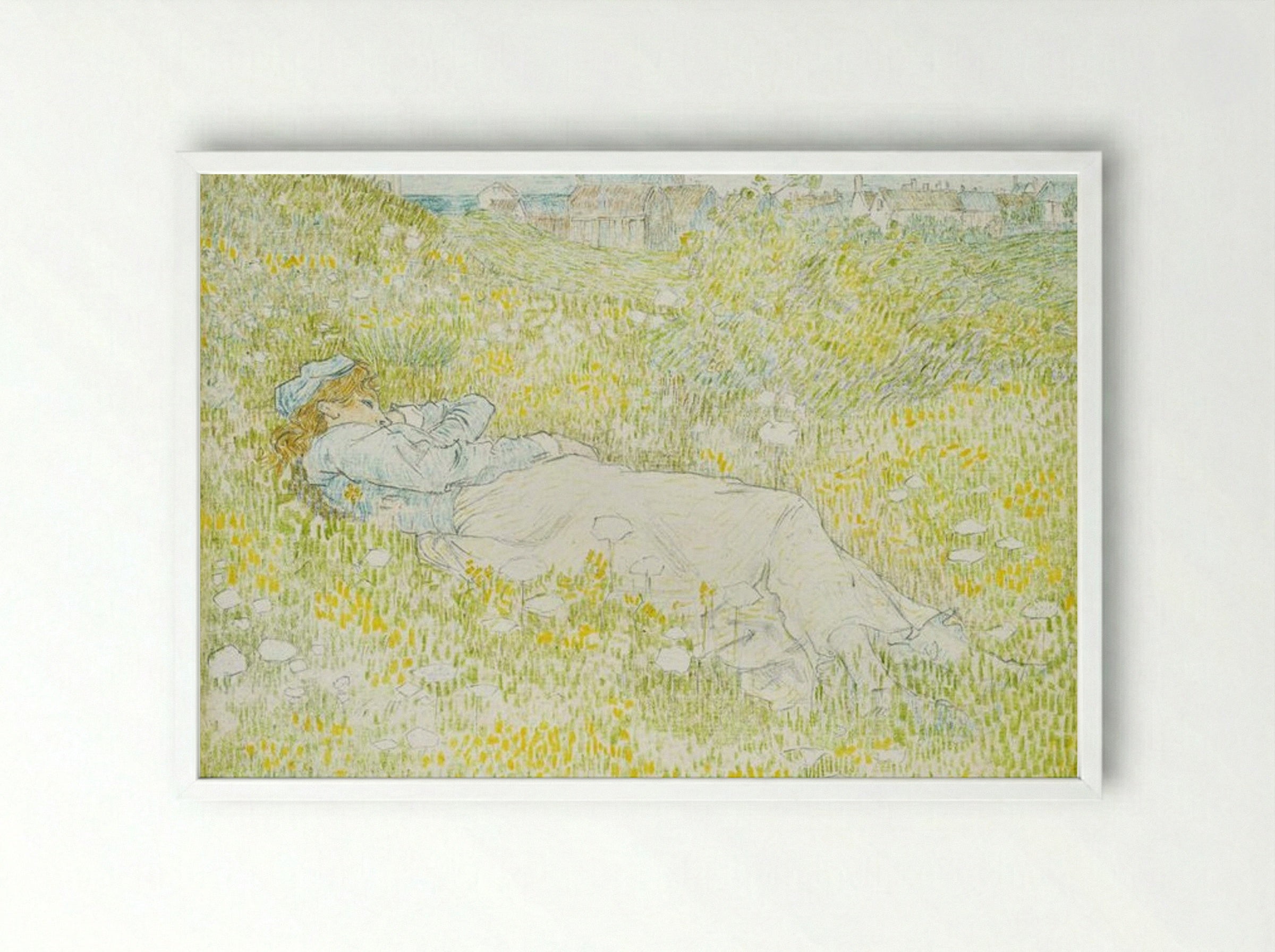 Woman Lying in the Dunes near Noordwijk - Jan Toorop - Framed Print White