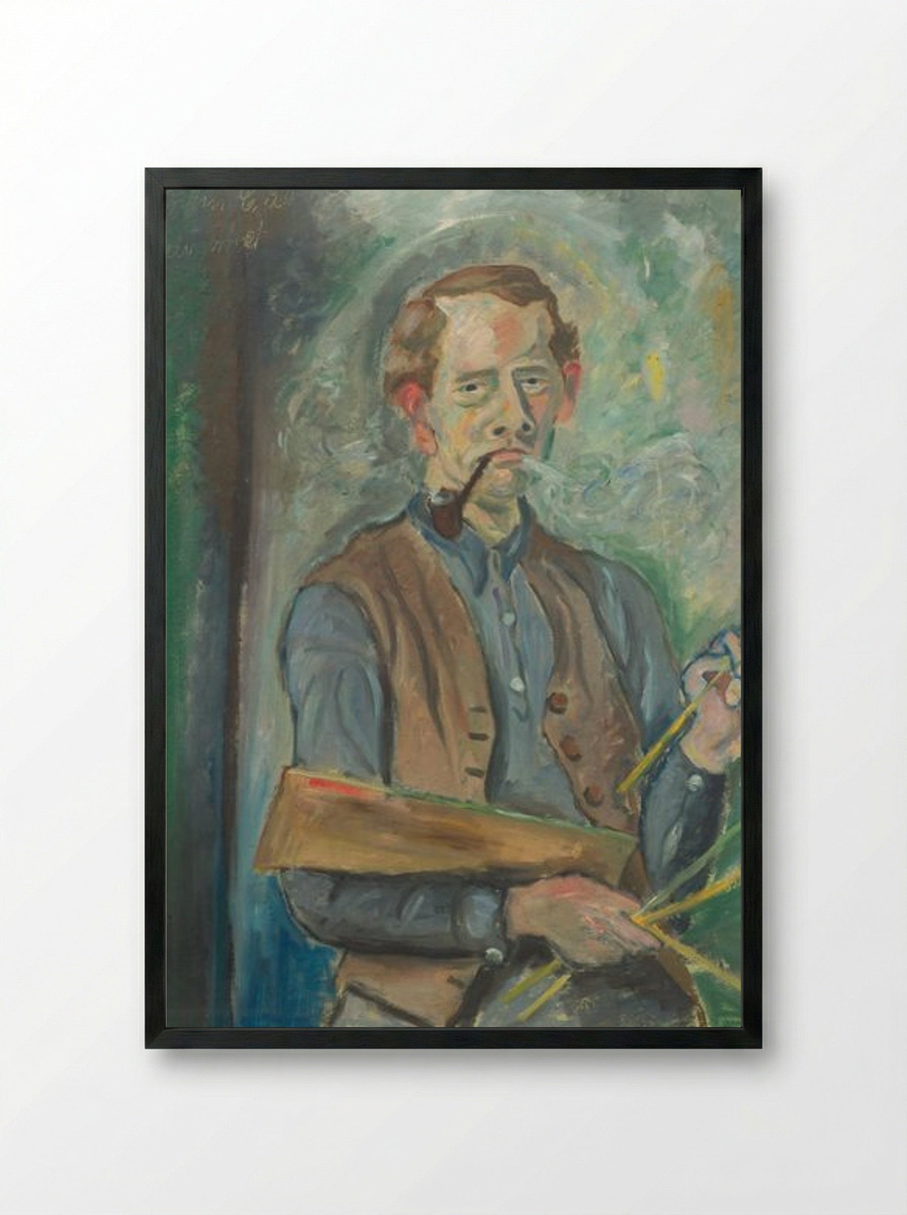 Self-Portrait with Pipe and Palette - John Christensen - Framed Print Black
