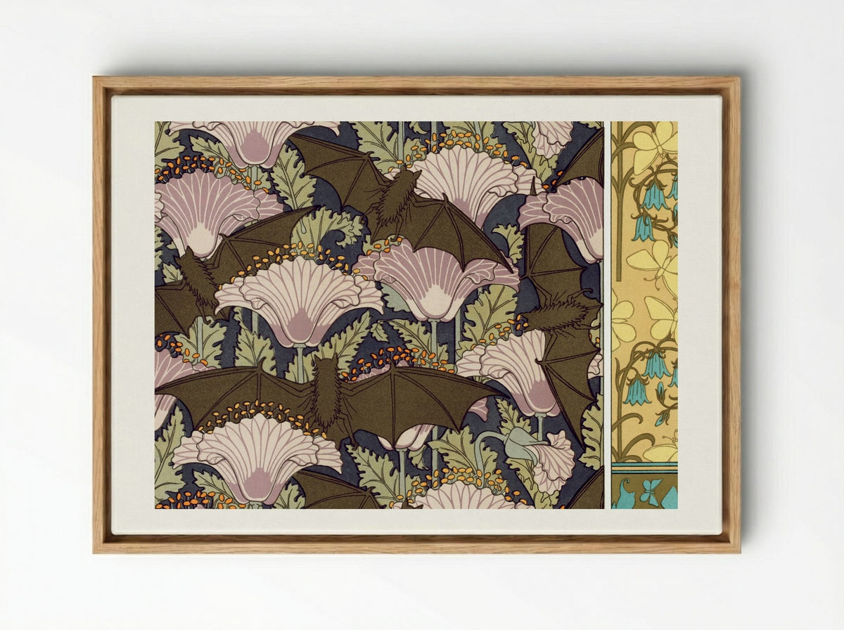 Chauves-souris et Pavots; Papillons et Campanules - Maurice Pillard Verneuil - Framed Canvas Wood