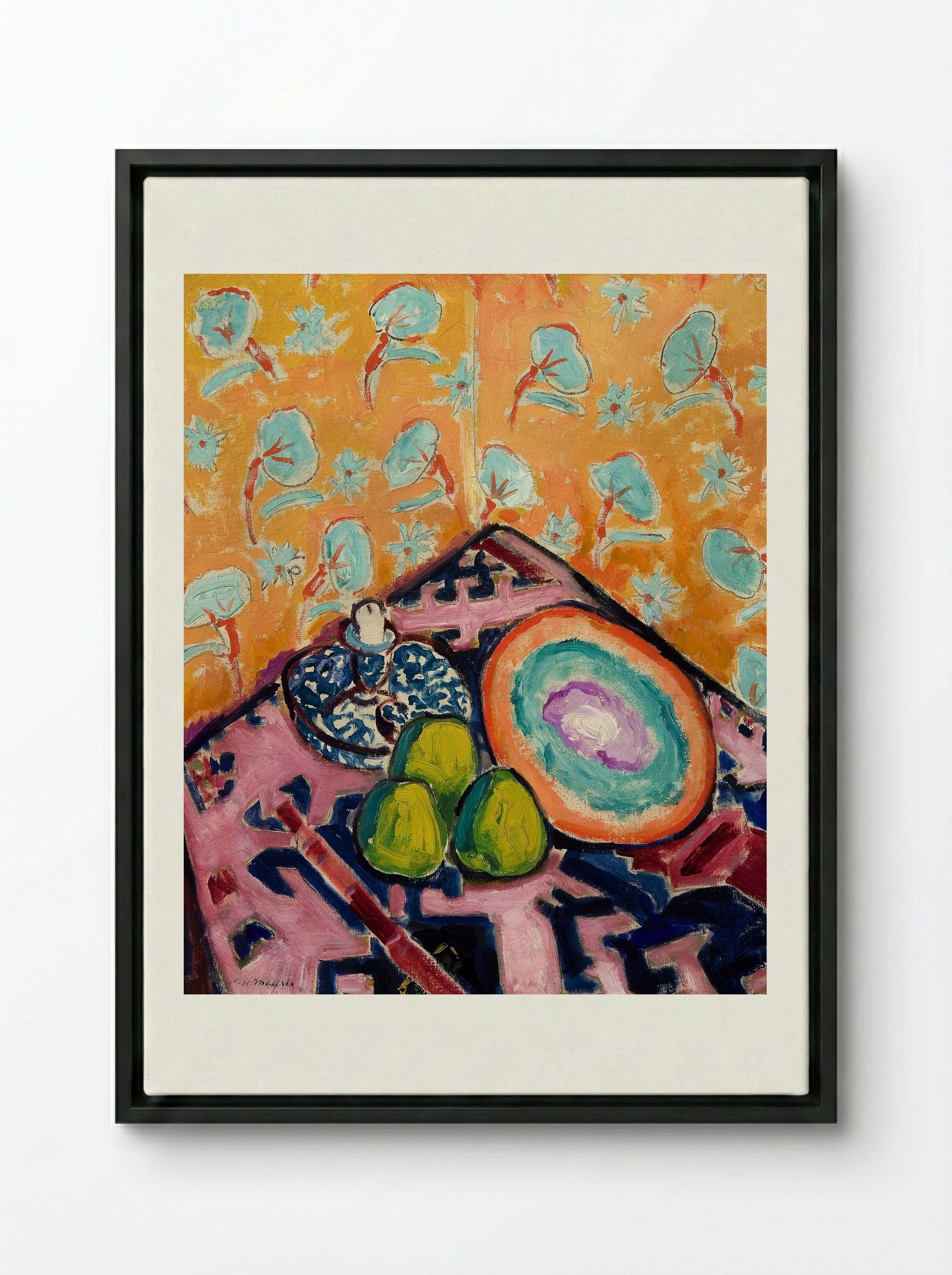 Still Life with Fruit and Patterned Background - Alfred Henry Maurer - Framed Canvas Black
