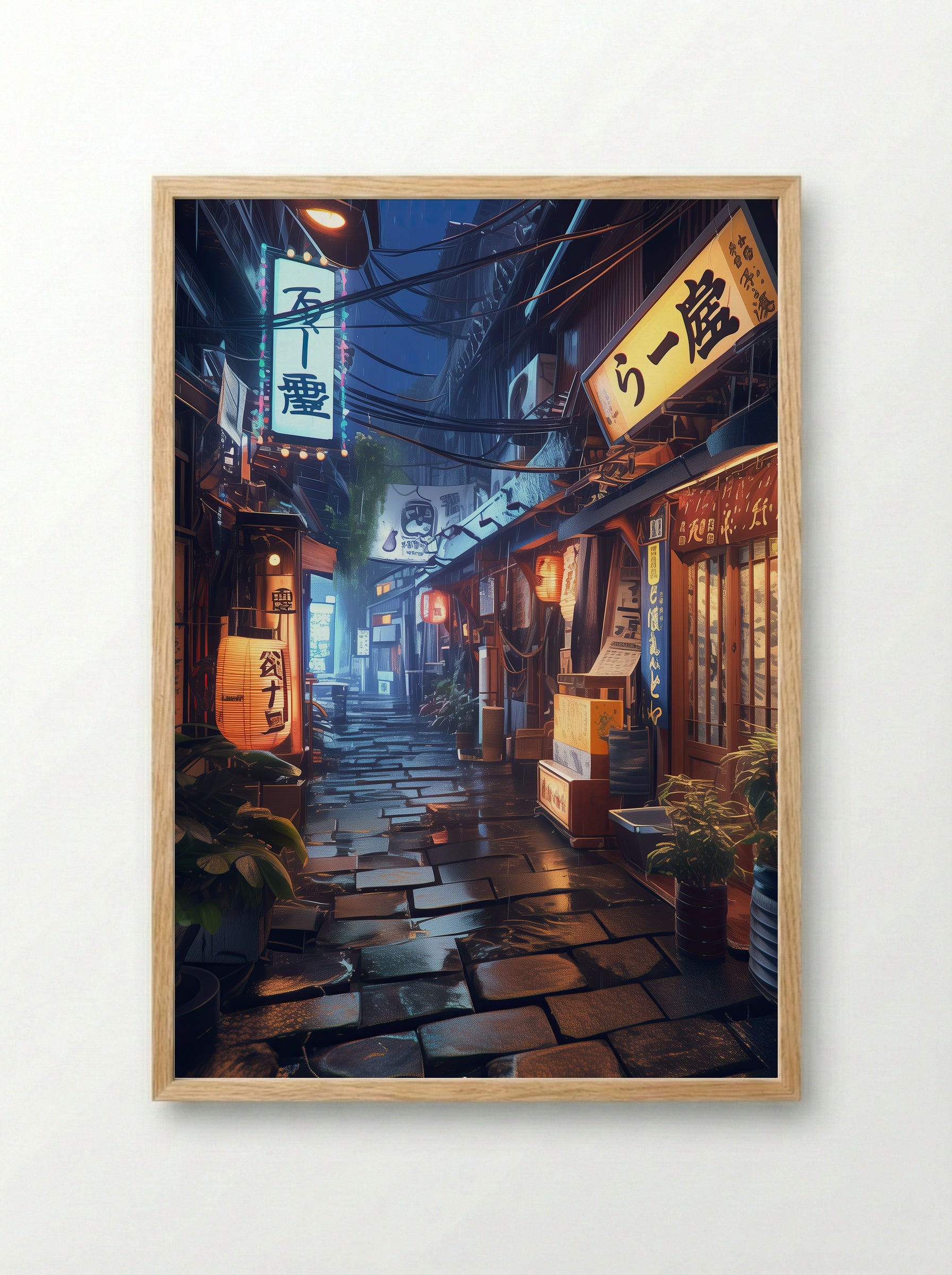 Rainfall in Tokyo’s Lantern Alley - Framed Print Wood