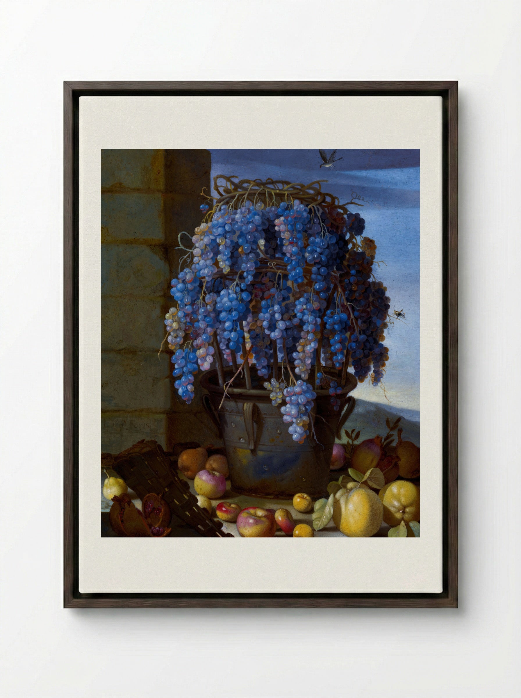 Still Life with Grapes and Other Fruit - Luca Forte - Framed Canvas Dark Wood