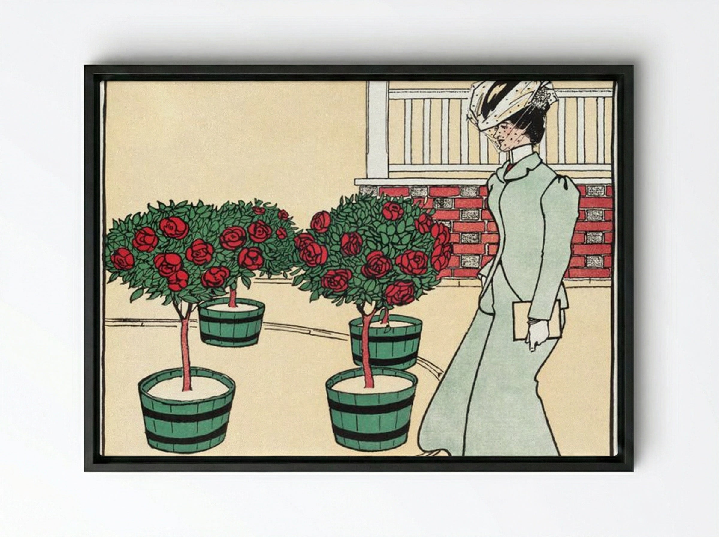 Woman in Rose Garden - Edward Penfield - Framed Canvas Black