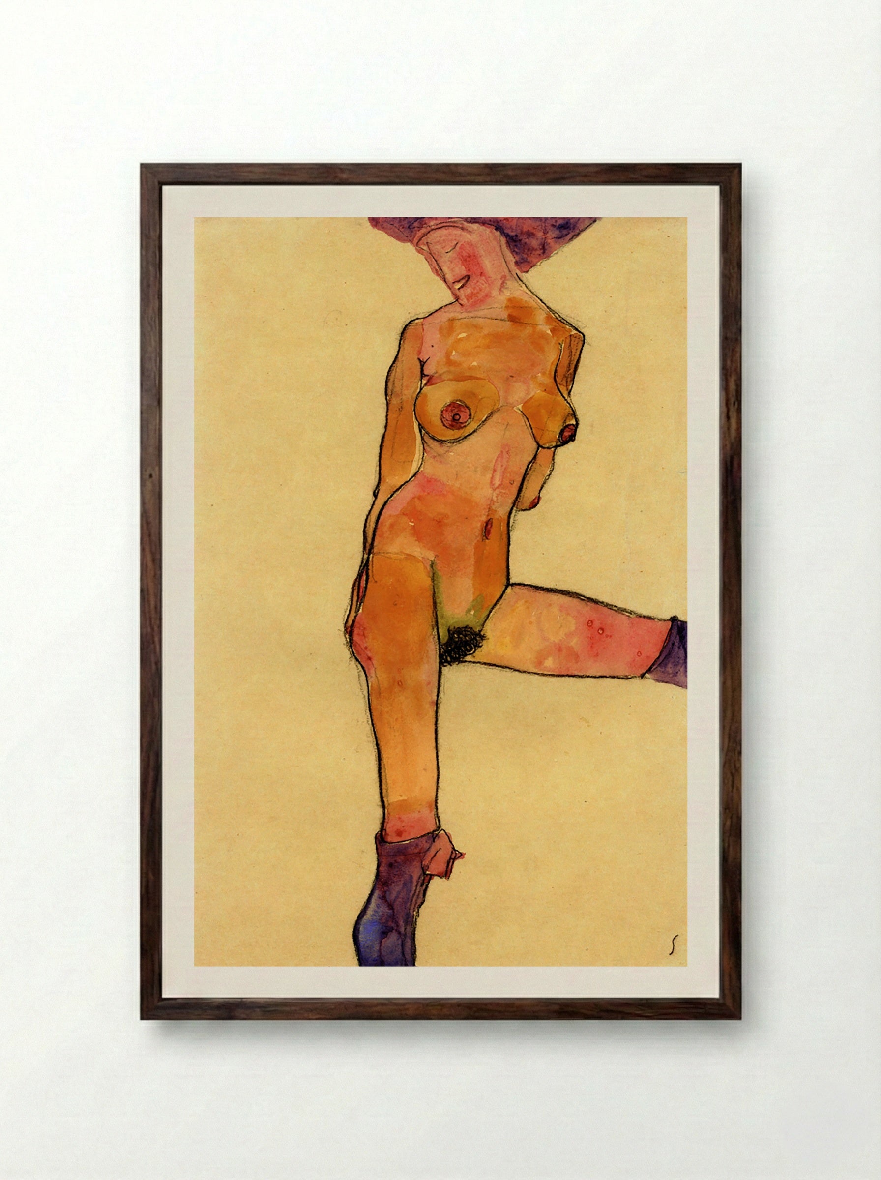 Female Nude with Violet Stockings - Egon Schiele - Framed Print Dark Wood