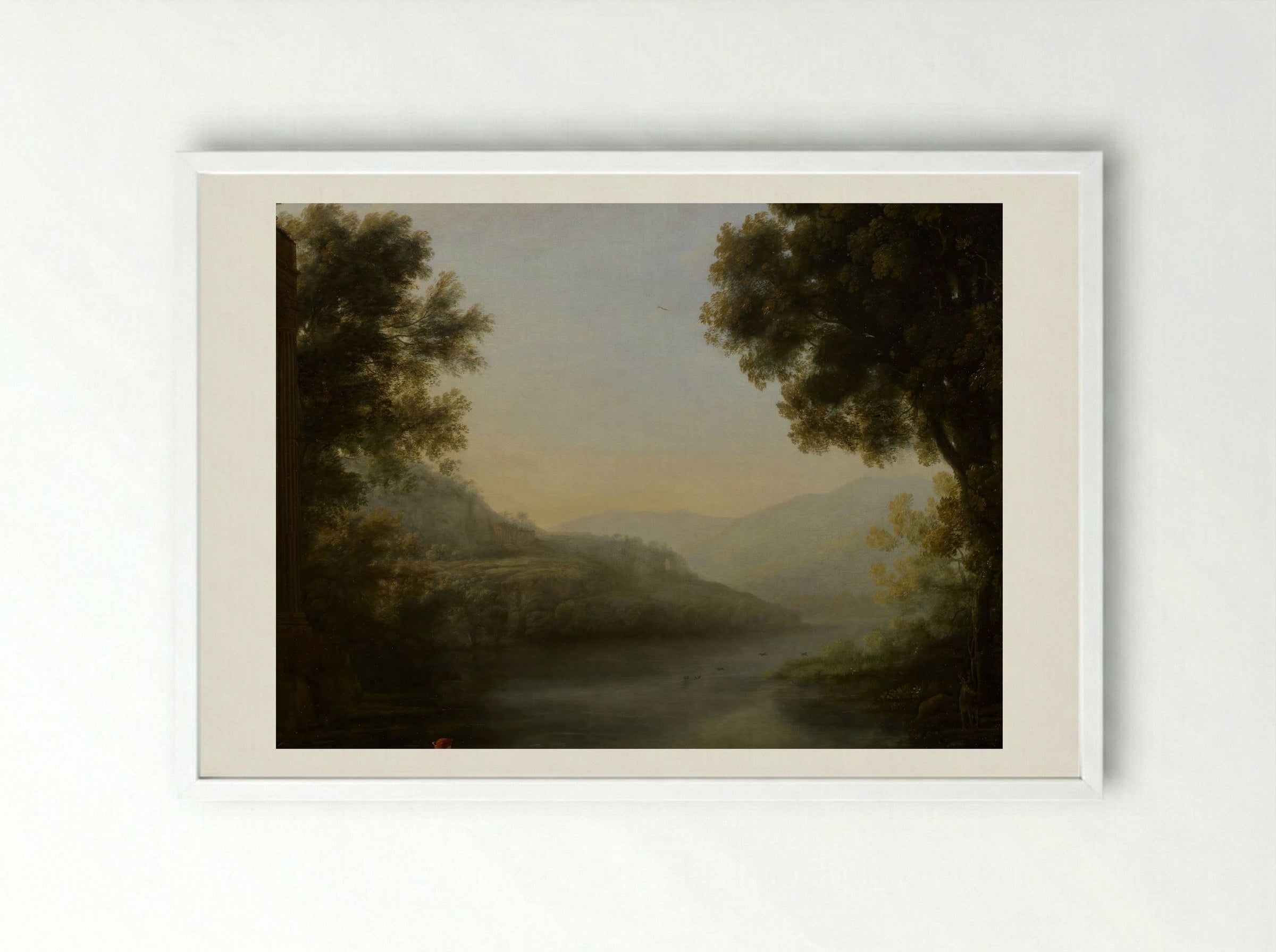 Two Goat Herders Seated on the Left Bank of a River Amidst Their Flock - Nicolaes Berchem - Framed Print White