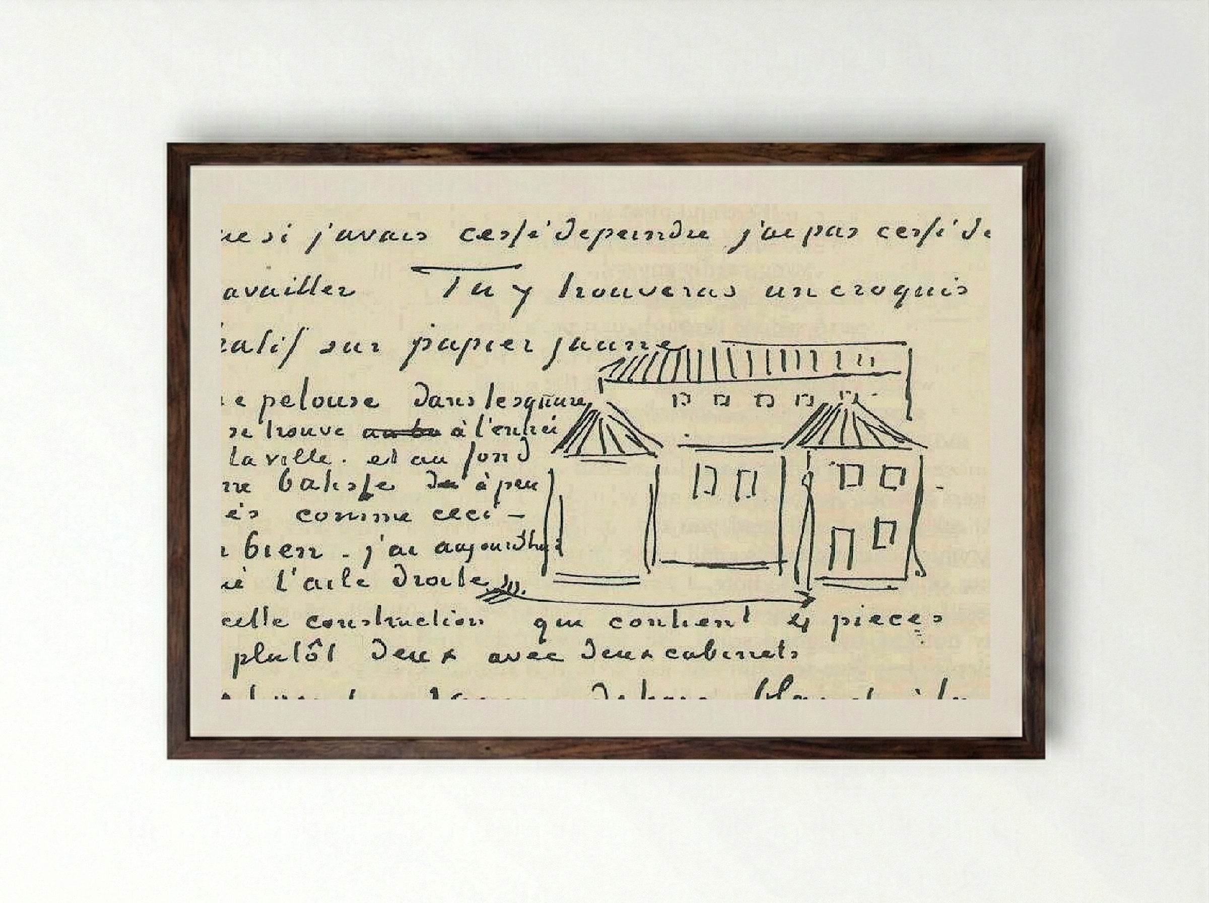 Sketch of The Yellow House (Letter to Theo van Gogh) - Vincent van Gogh - Framed Print Dark Wood