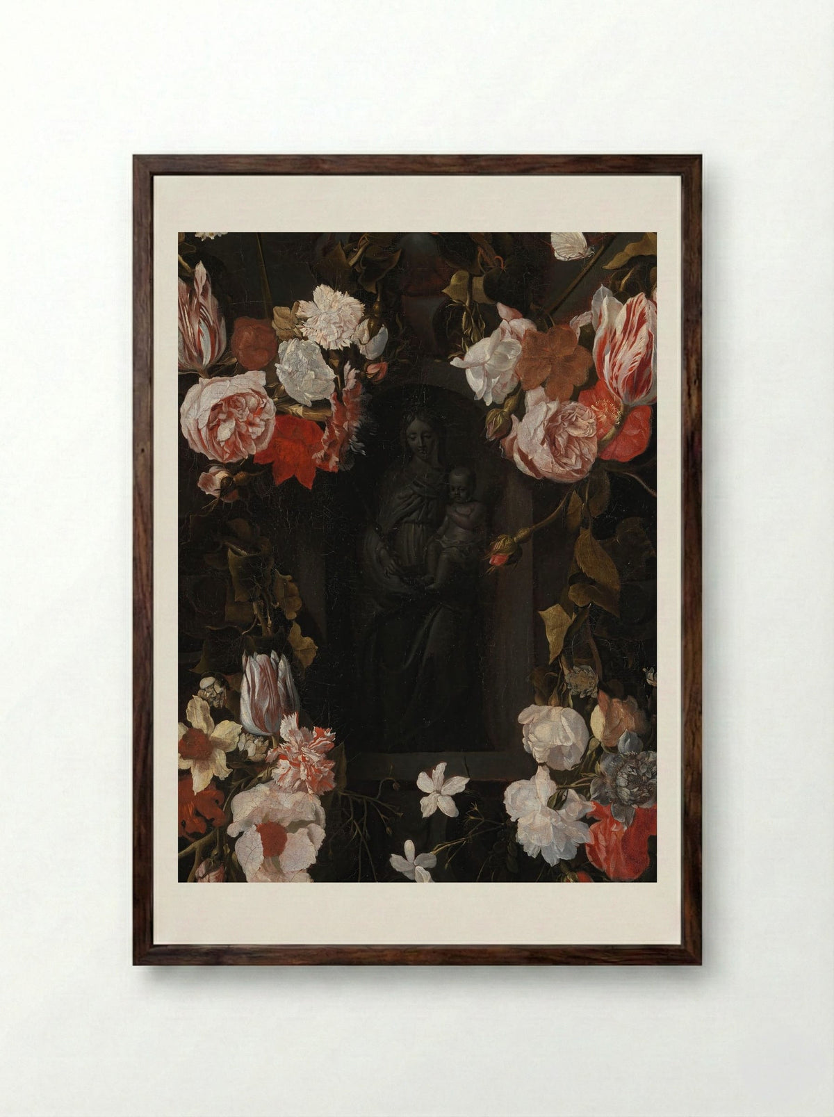 A Flower-Wreathed Niche with a Stone Figure of the Madonna - Fine Art Print - Framed Print Dark Wood