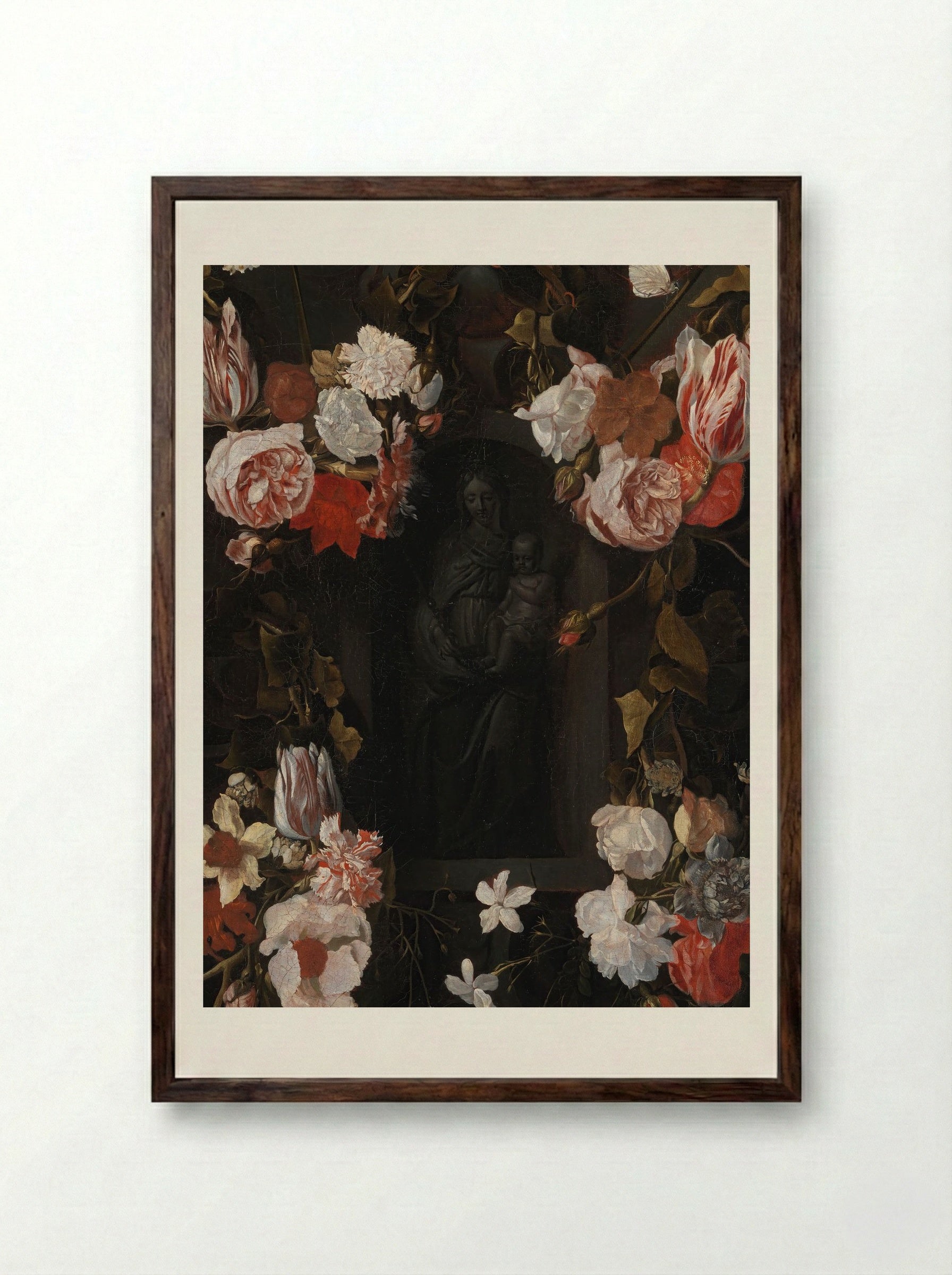 A Flower-Wreathed Niche with a Stone Figure of the Madonna - Fine Art Print - Framed Print Dark Wood