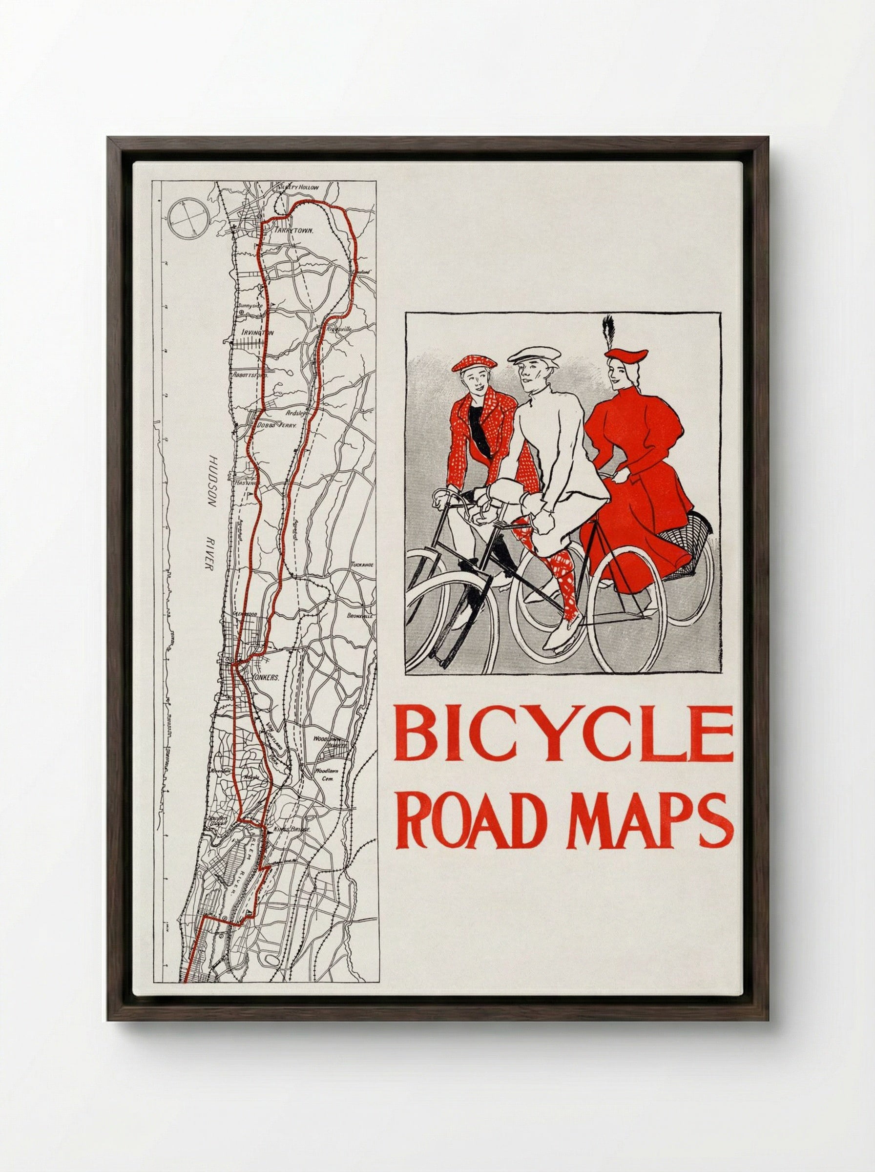 Bicycle Road Maps - Edward Penfield - Framed Canvas Dark Wood