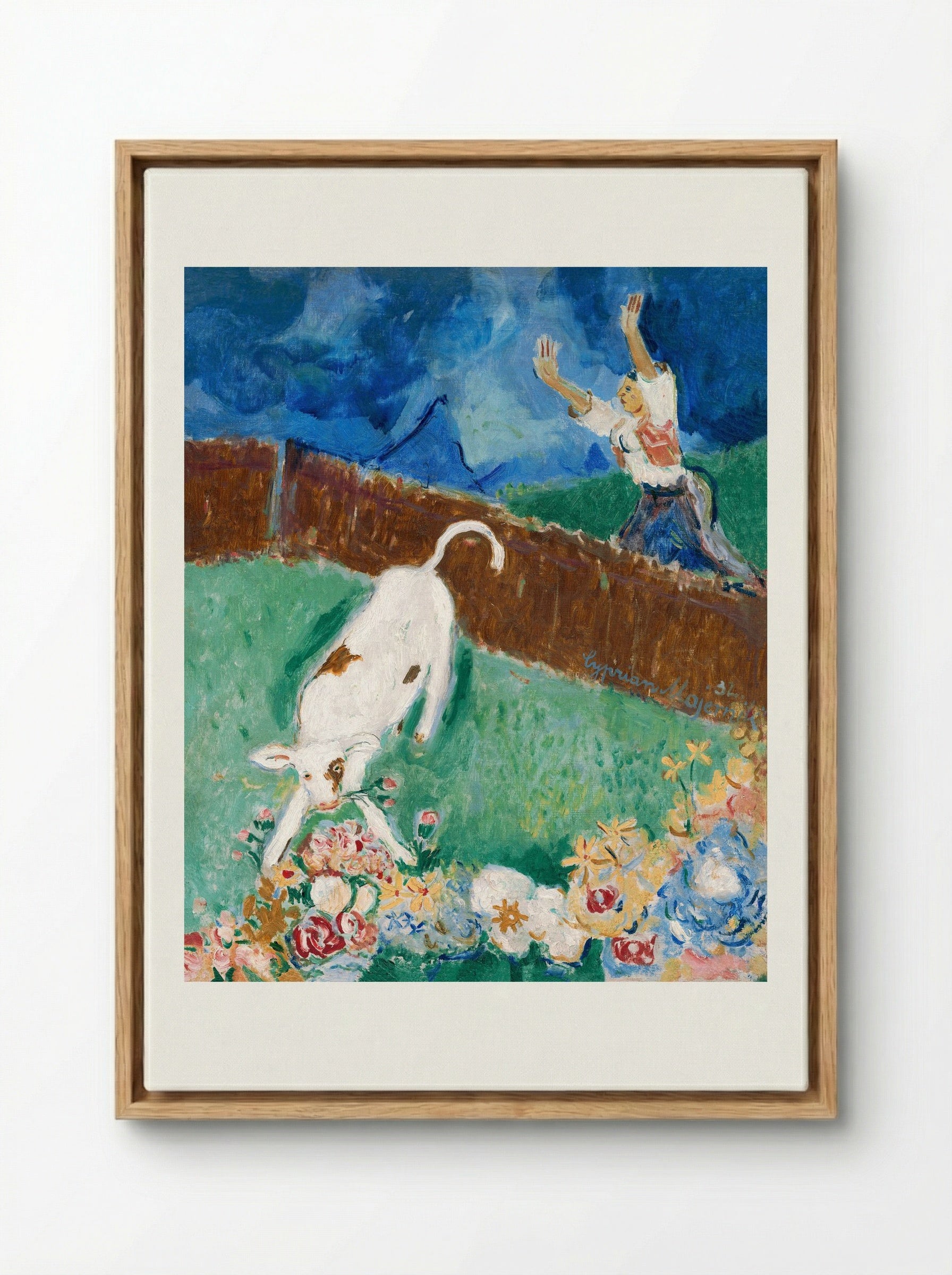 Calf in a Meadow - Cyprián Majerník - Framed Canvas Wood