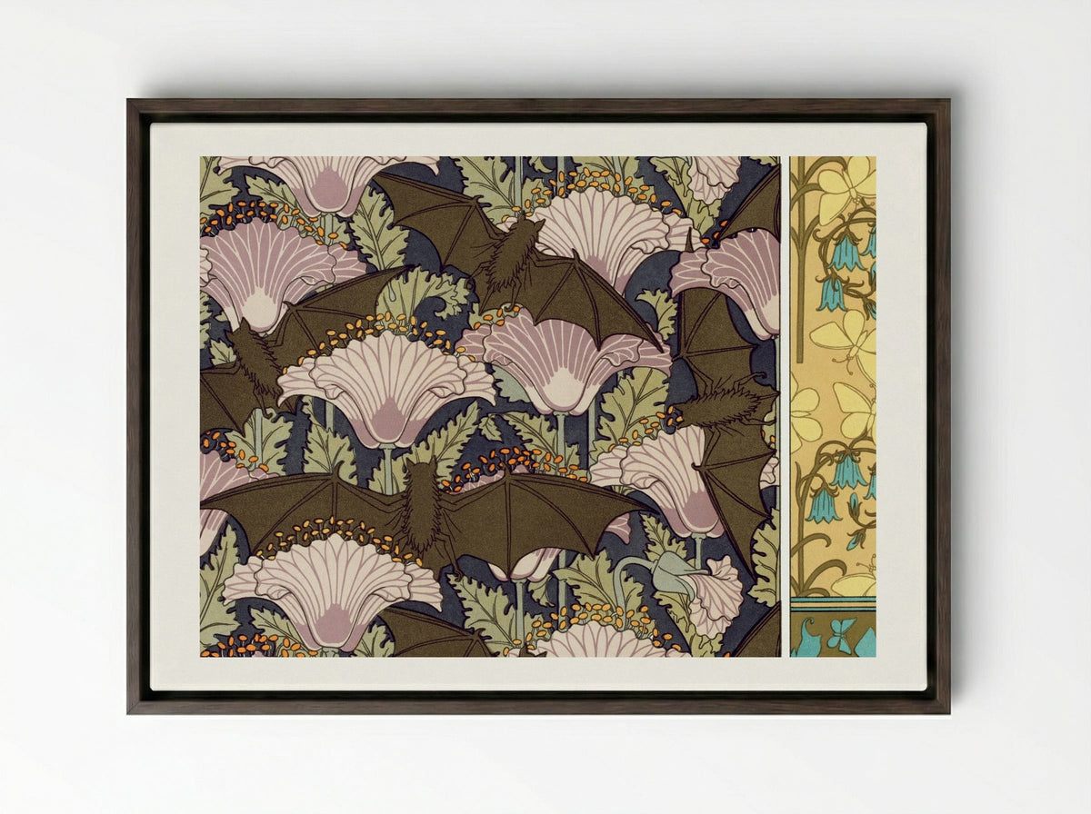 Chauves-souris et Pavots; Papillons et Campanules - Maurice Pillard Verneuil - Framed Canvas Dark Wood