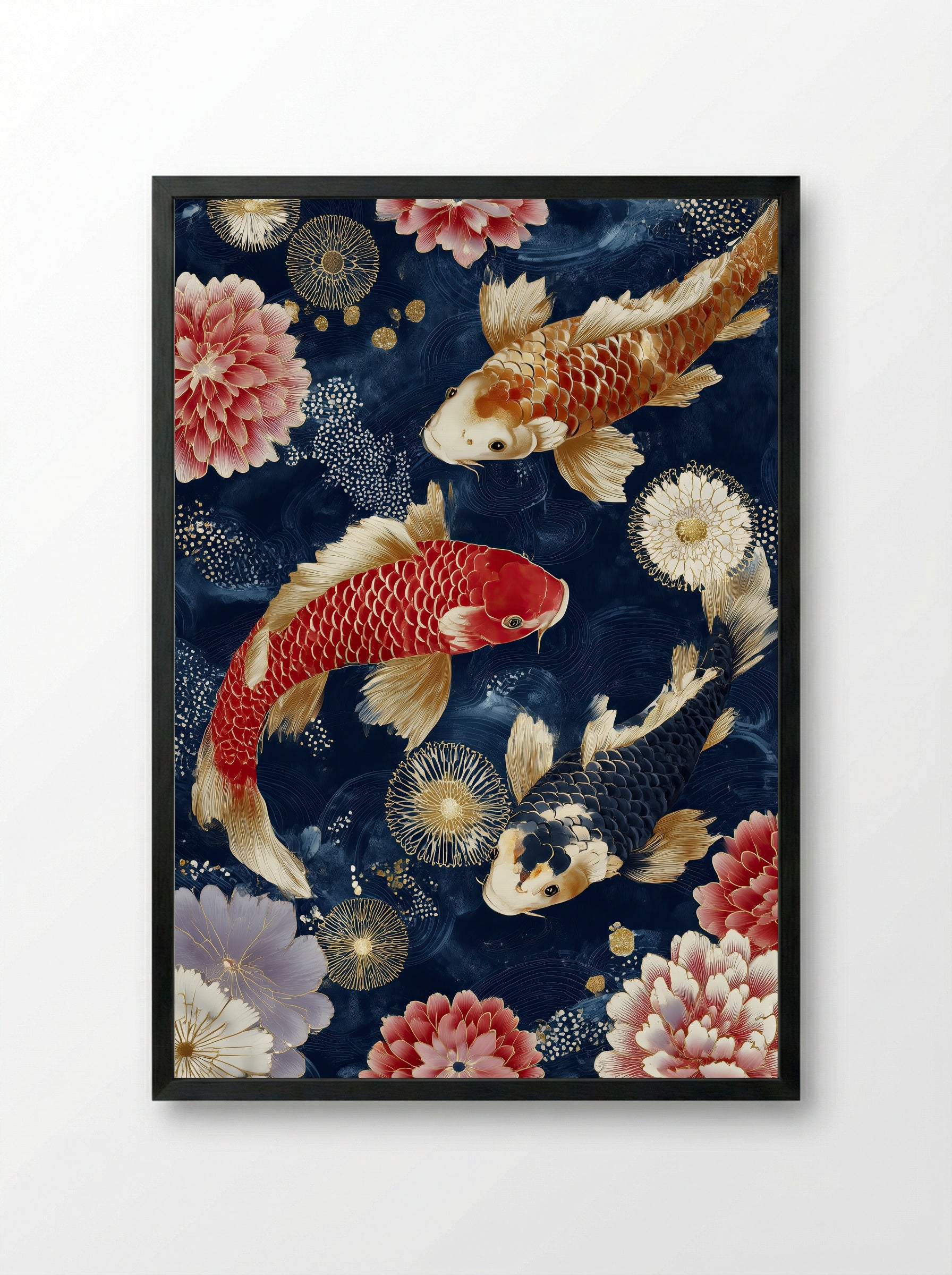 Trio of Koi Botanical Print in Crimson and Midnight - Framed Print Black
