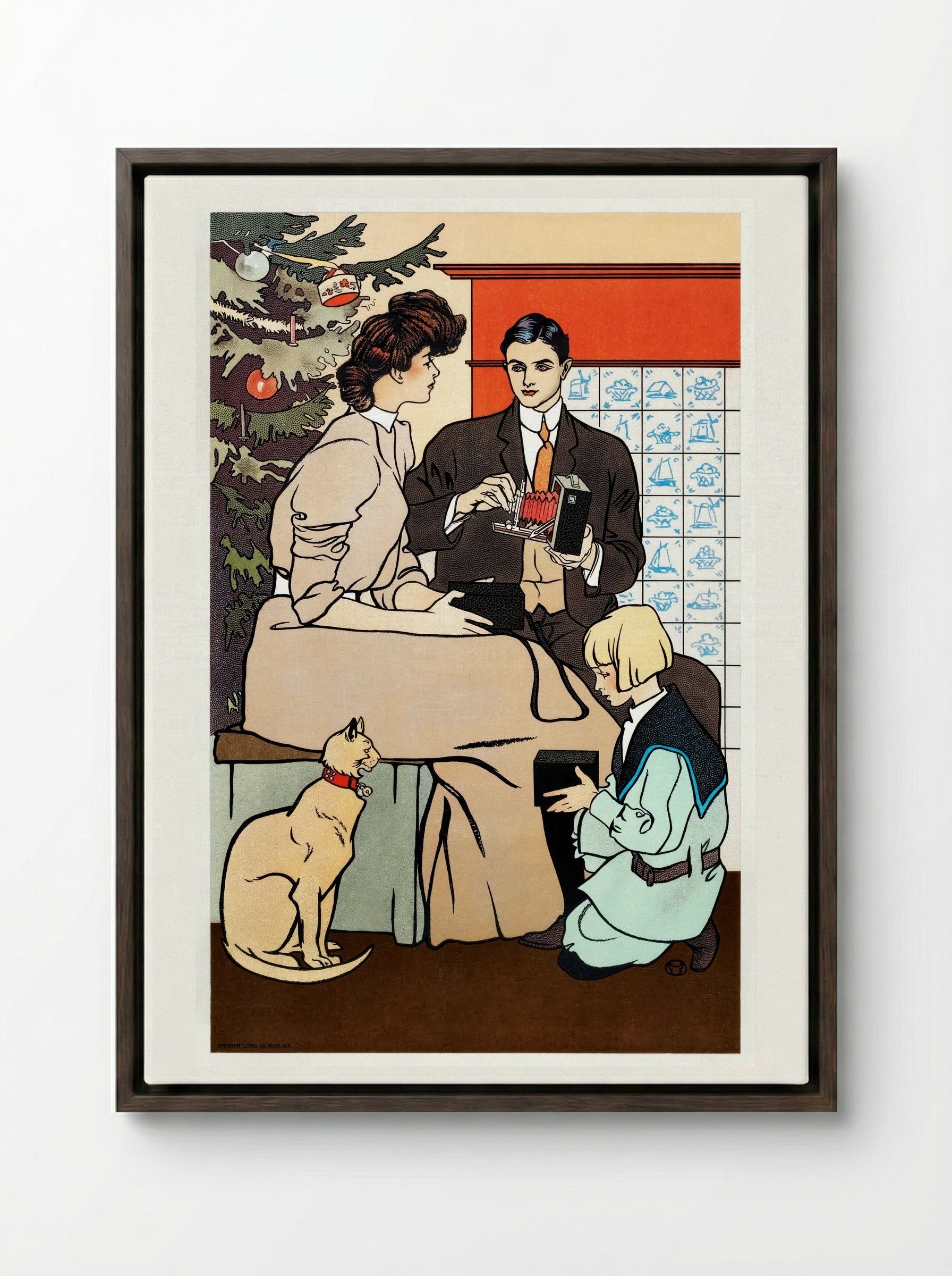 Vintage Christmas Morning (Family Scene with Camera) - Edward Penfield - Framed Canvas Dark Wood
