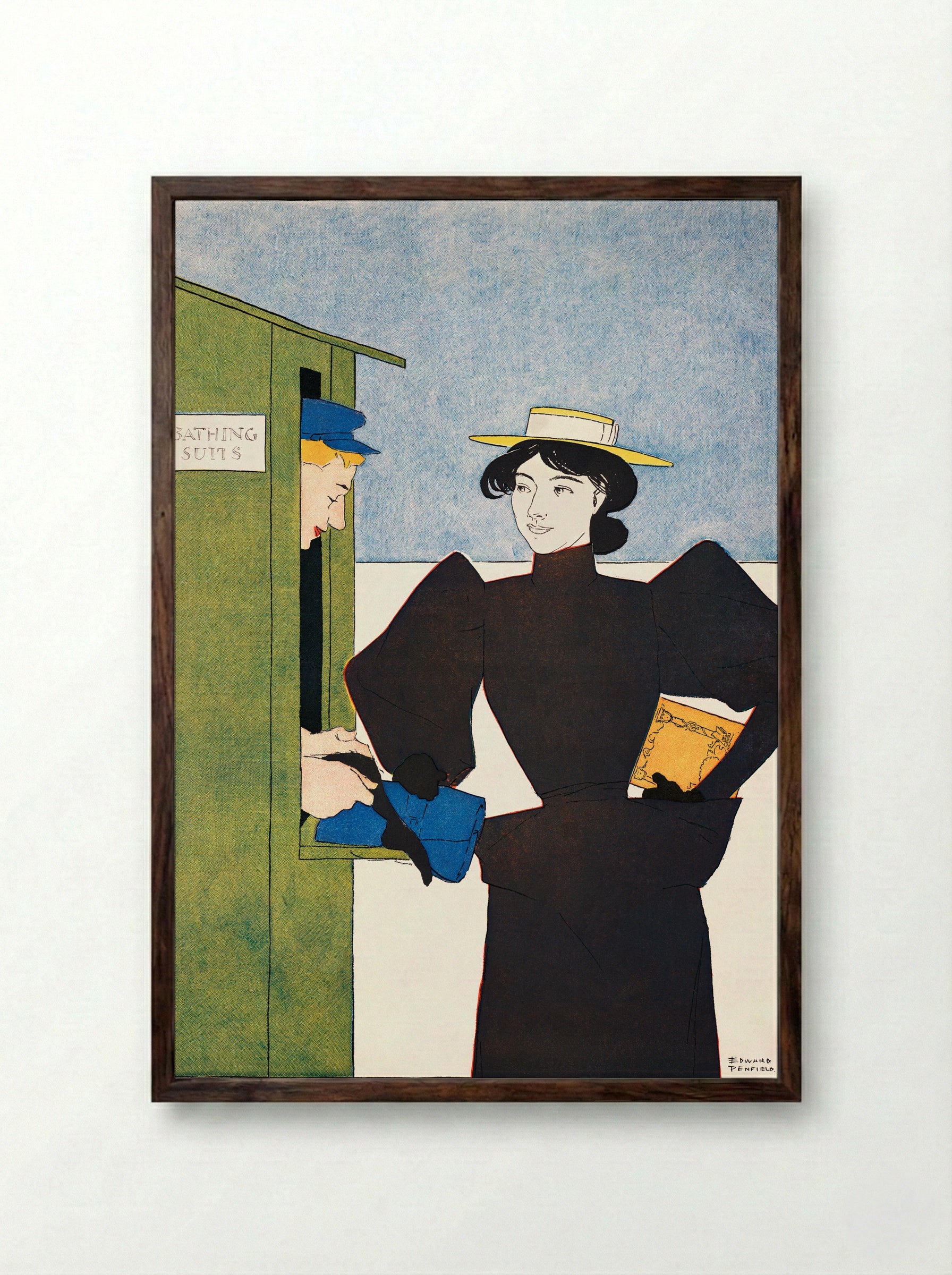 Woman Picking Up Bathing Suits - Edward Penfield - Framed Print Dark Wood