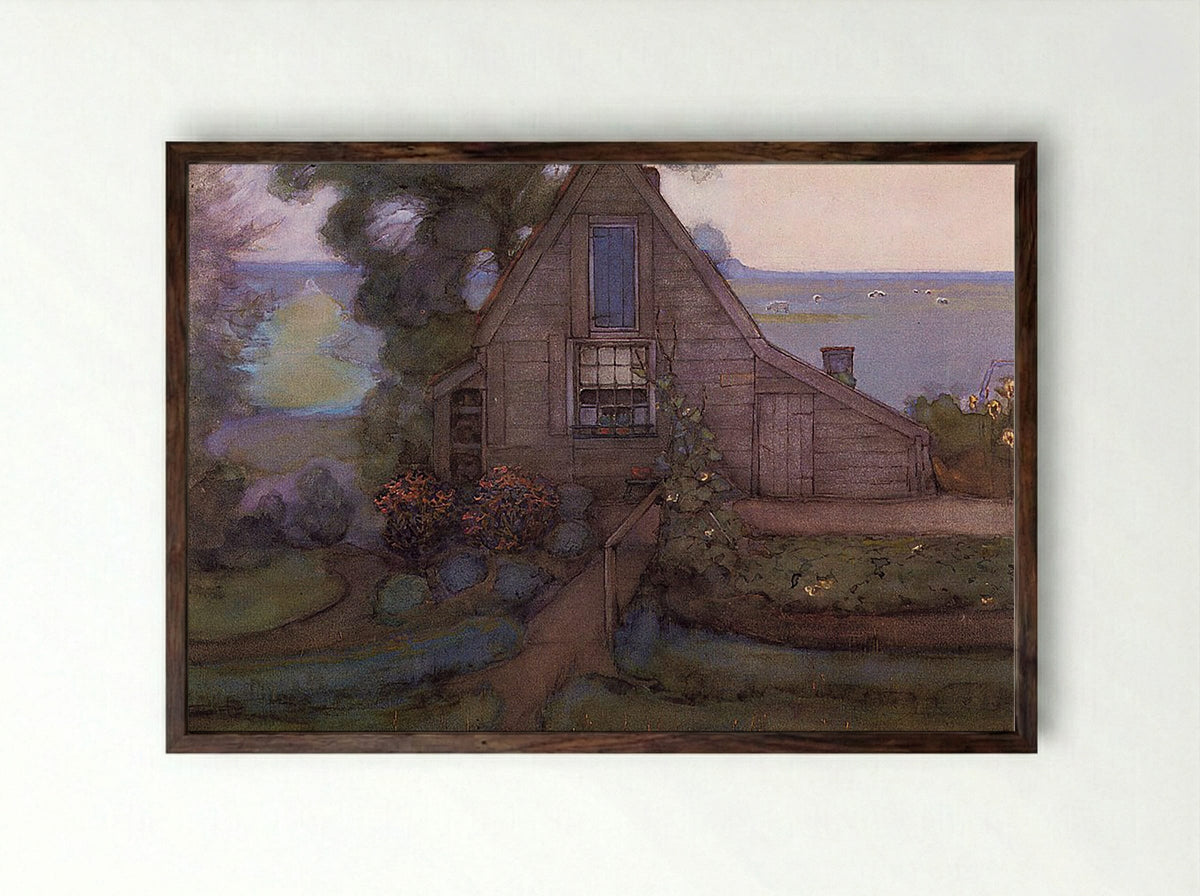 Farmhouse with Polder in Blue - Piet Mondrian - Framed Print Dark Wood