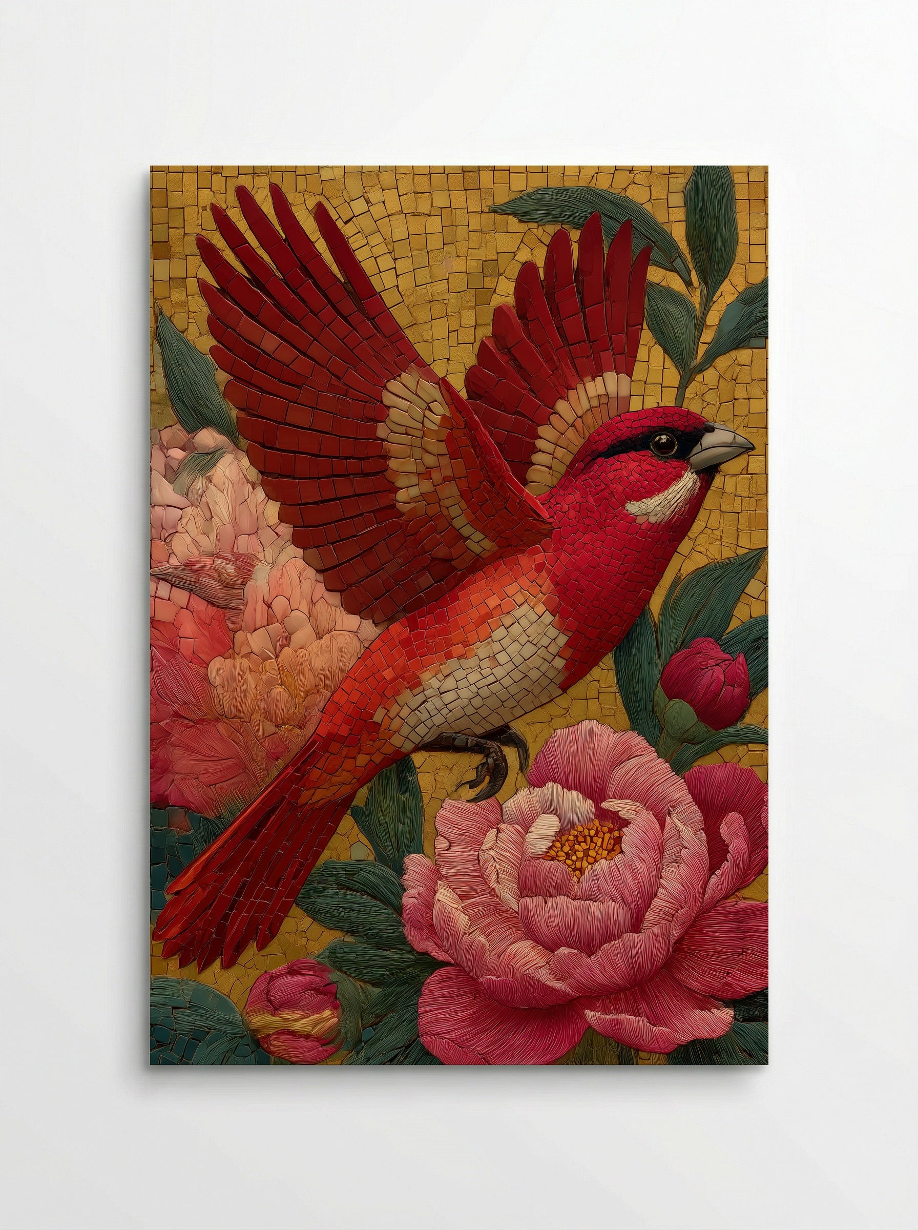 Phoenix Among Peonies in Golden Sky - Japanese Mosaic Print - Poster