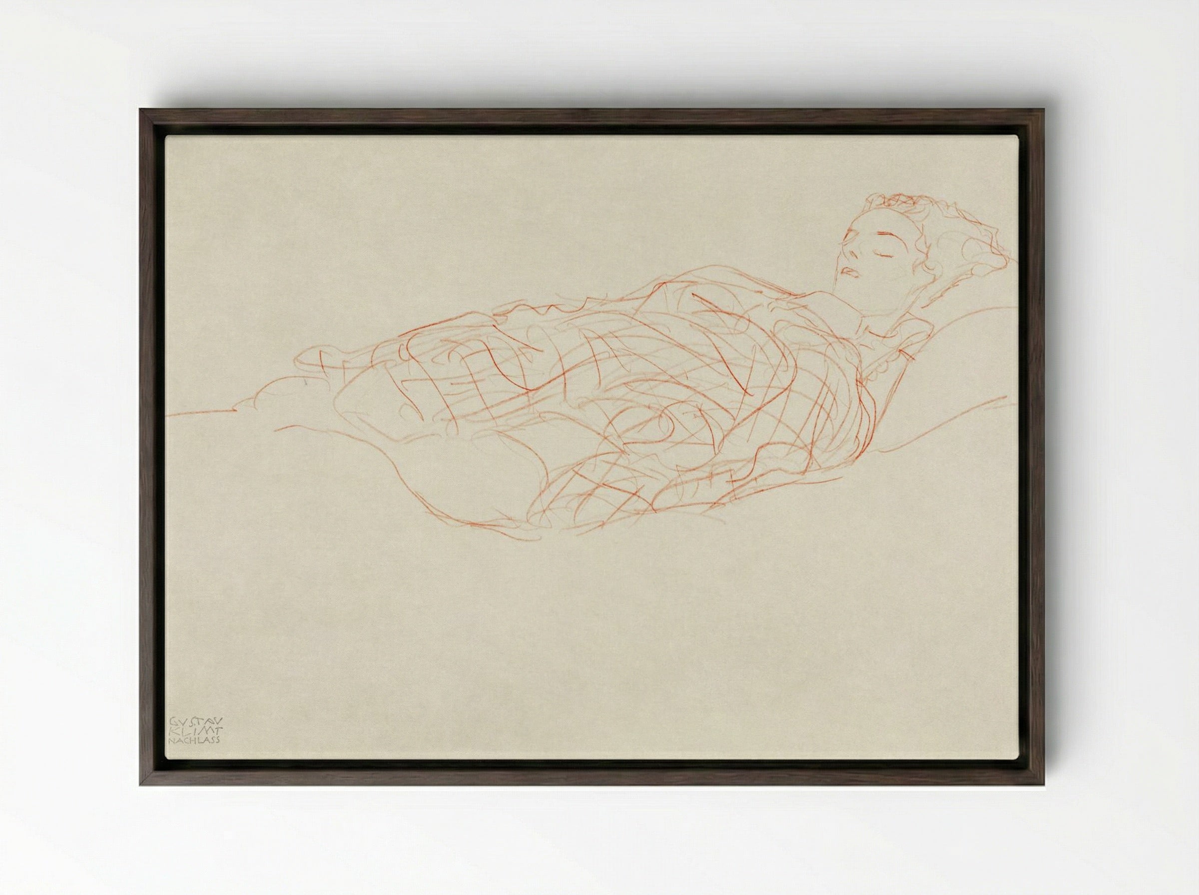 Study of a Woman Wrapped in a Plaid, Resting - Gustav Klimt - Framed Canvas Dark Wood