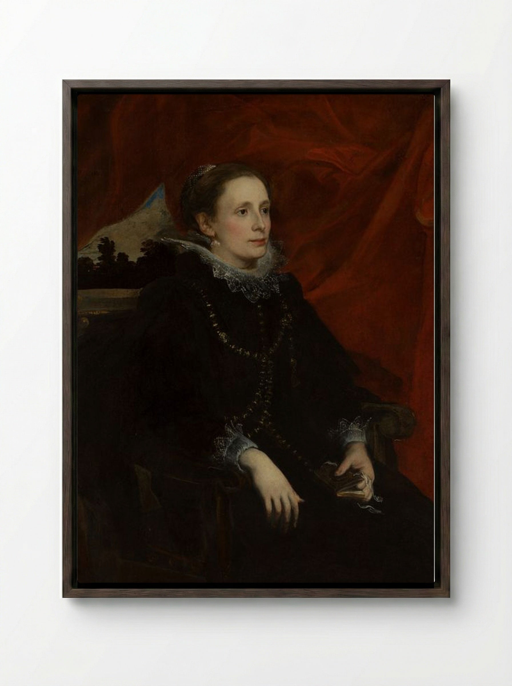 Portrait of a Woman, Called the Marchesa Durazzo - Anthony van Dyck - Framed Canvas Dark Wood