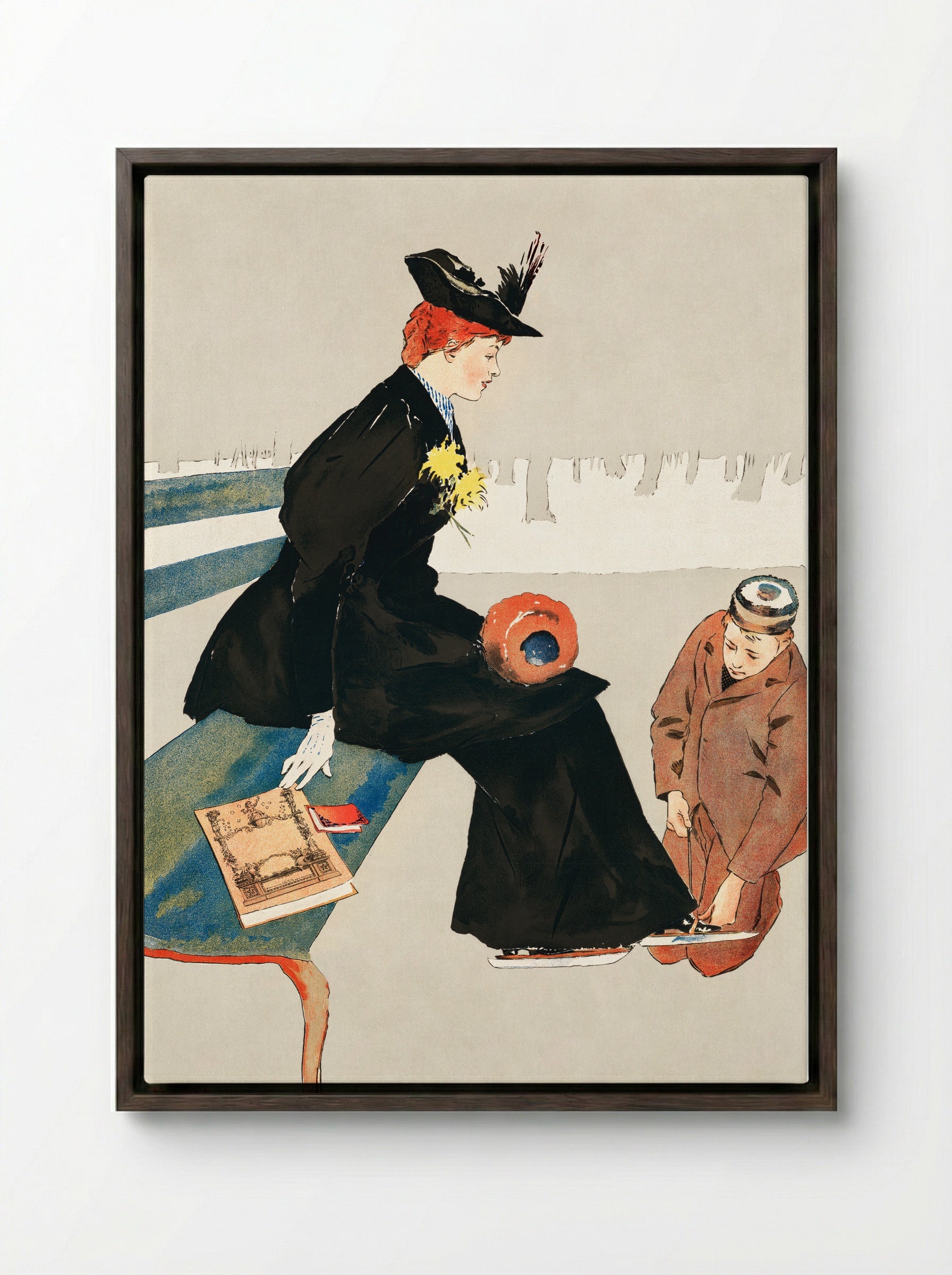 Woman Sitting on a Bench - Edward Penfield - Framed Canvas Dark Wood