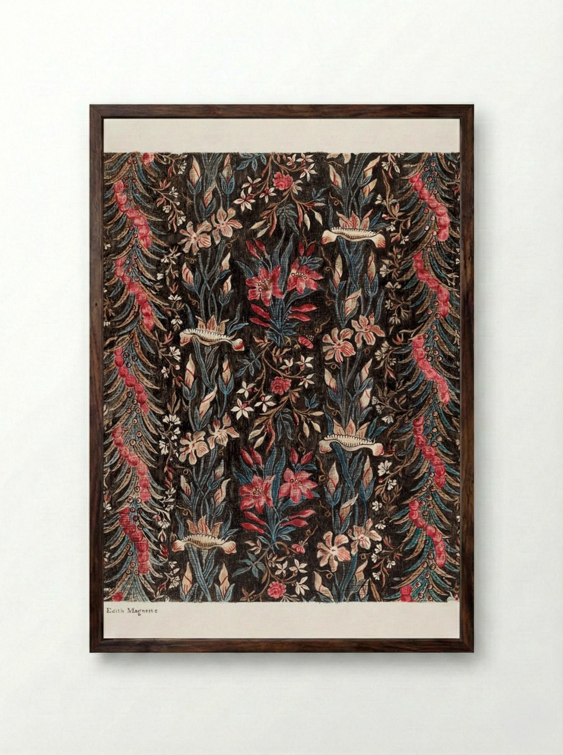 Printed Cotton (Floral Textile Design) - Edith Magnette - Framed Print Dark Wood