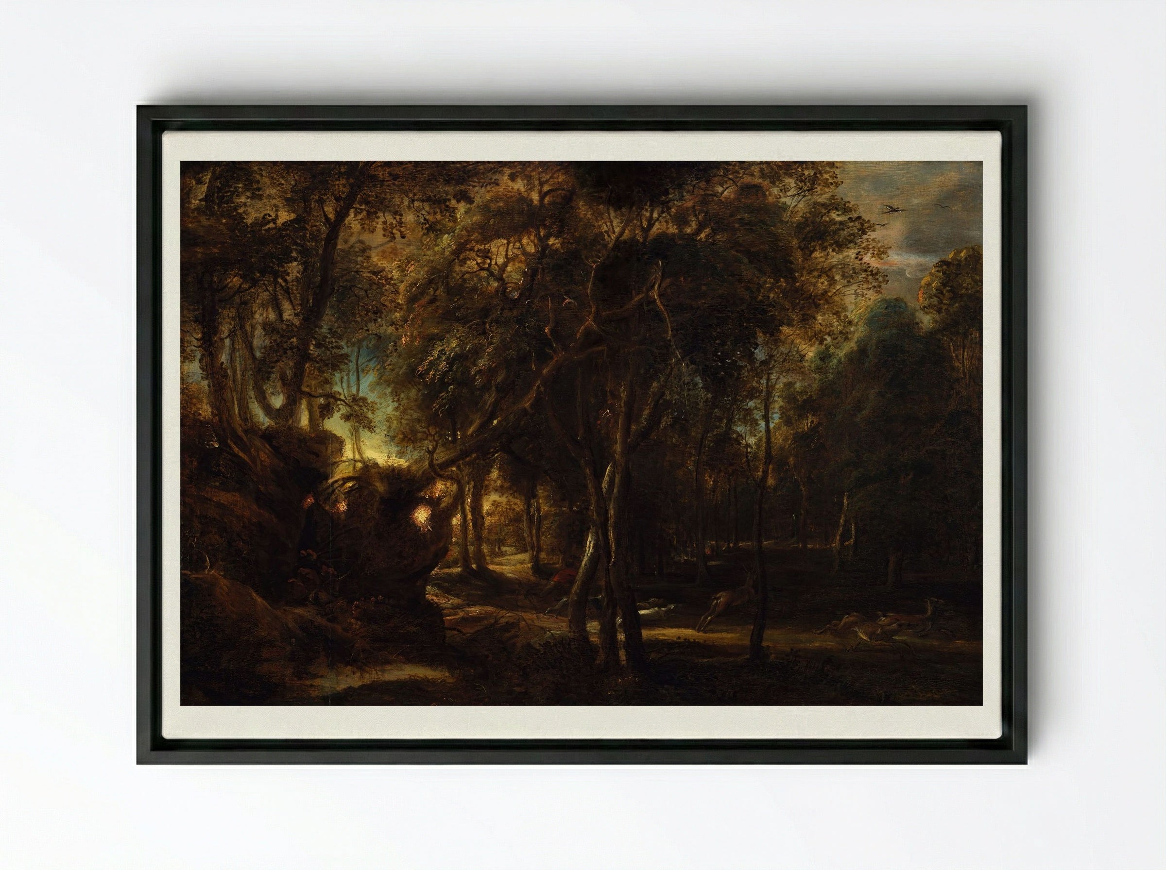 A Forest at Dawn with a Deer Hunt - Peter Paul Rubens - Framed Canvas Black