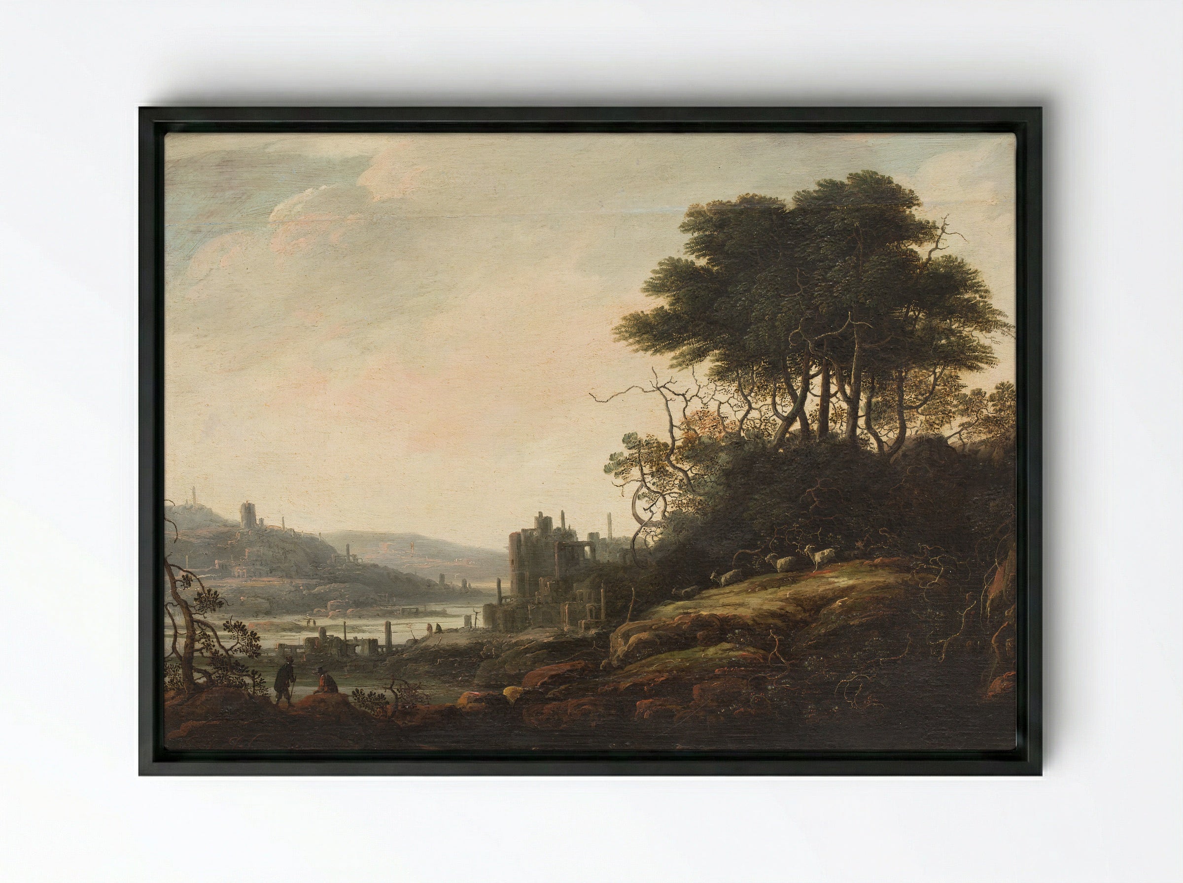 Landscape with Ruins and Figures - Abraham Bloemaert - Framed Canvas Black
